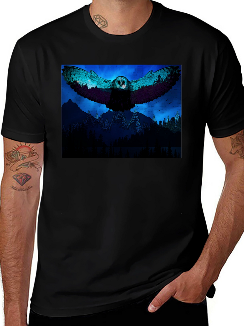 Owl Flight Graphic Print Black T-Shirt