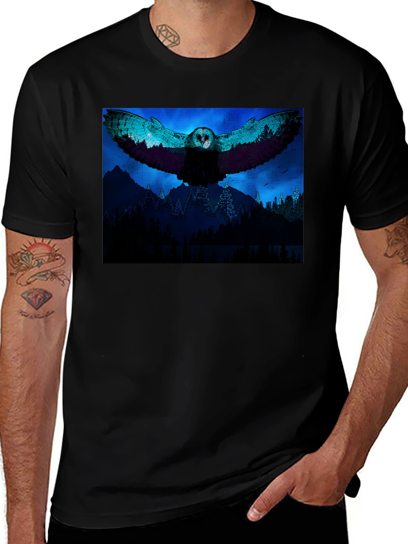 Owl Flight Graphic Print Black T-Shirt