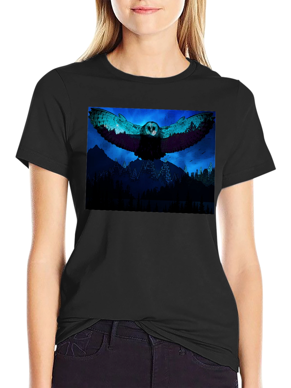 Owl Flight Graphic Print Black T-Shirt