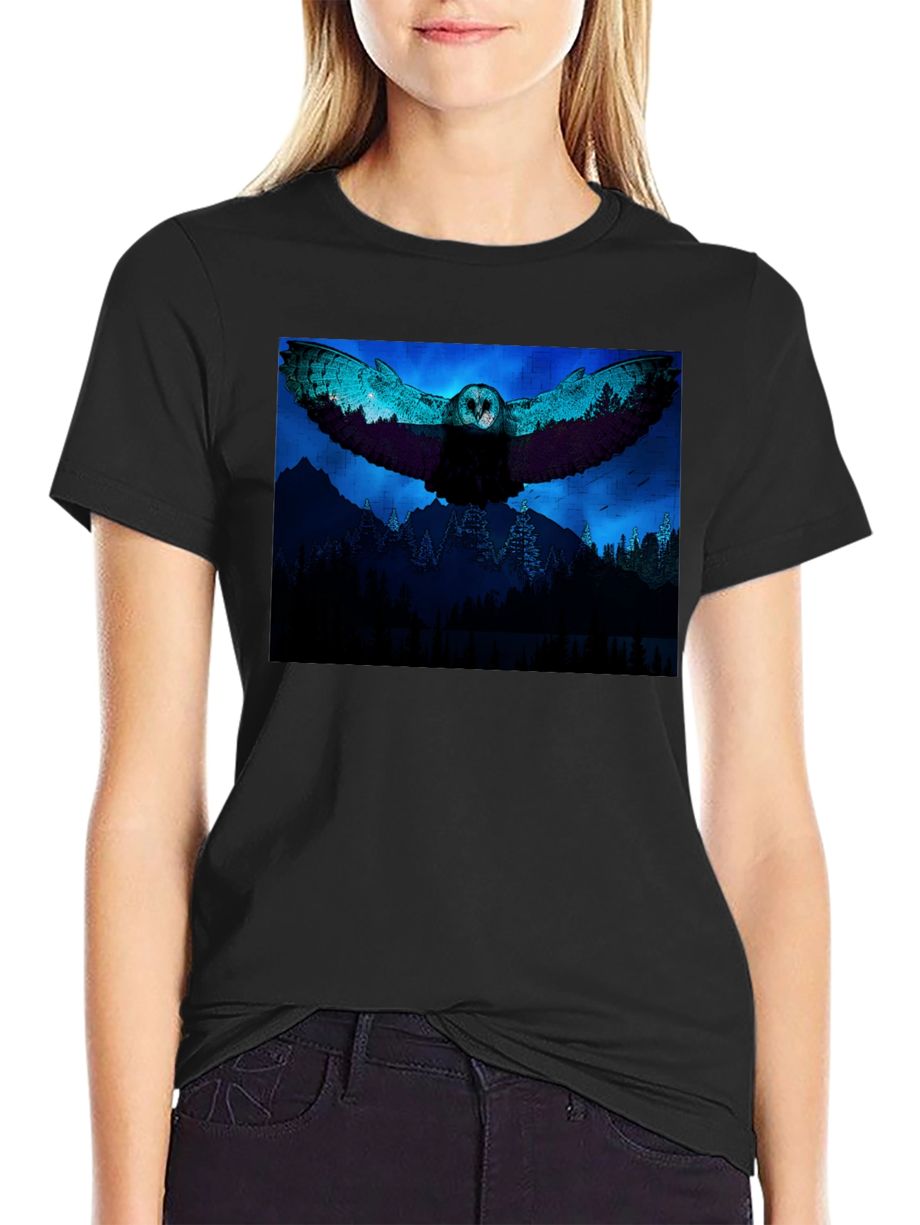 Owl Flight Graphic Print Black T-Shirt