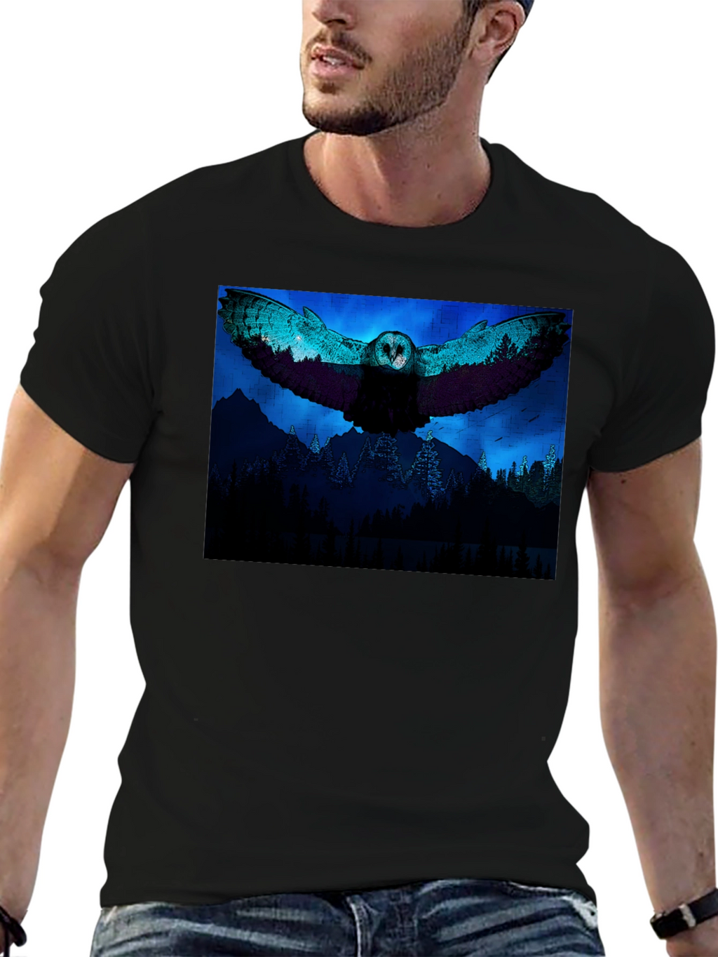 Owl Flight Graphic Print Black T-Shirt