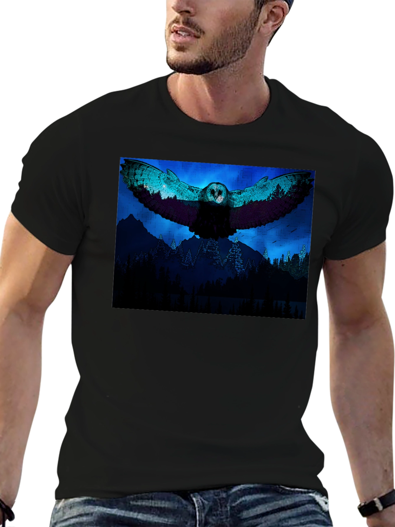 Owl Flight Graphic Print Black T-Shirt