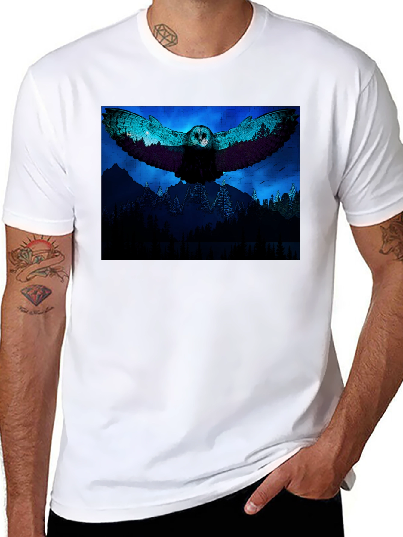 Owl Flight Graphic Print Black T-Shirt