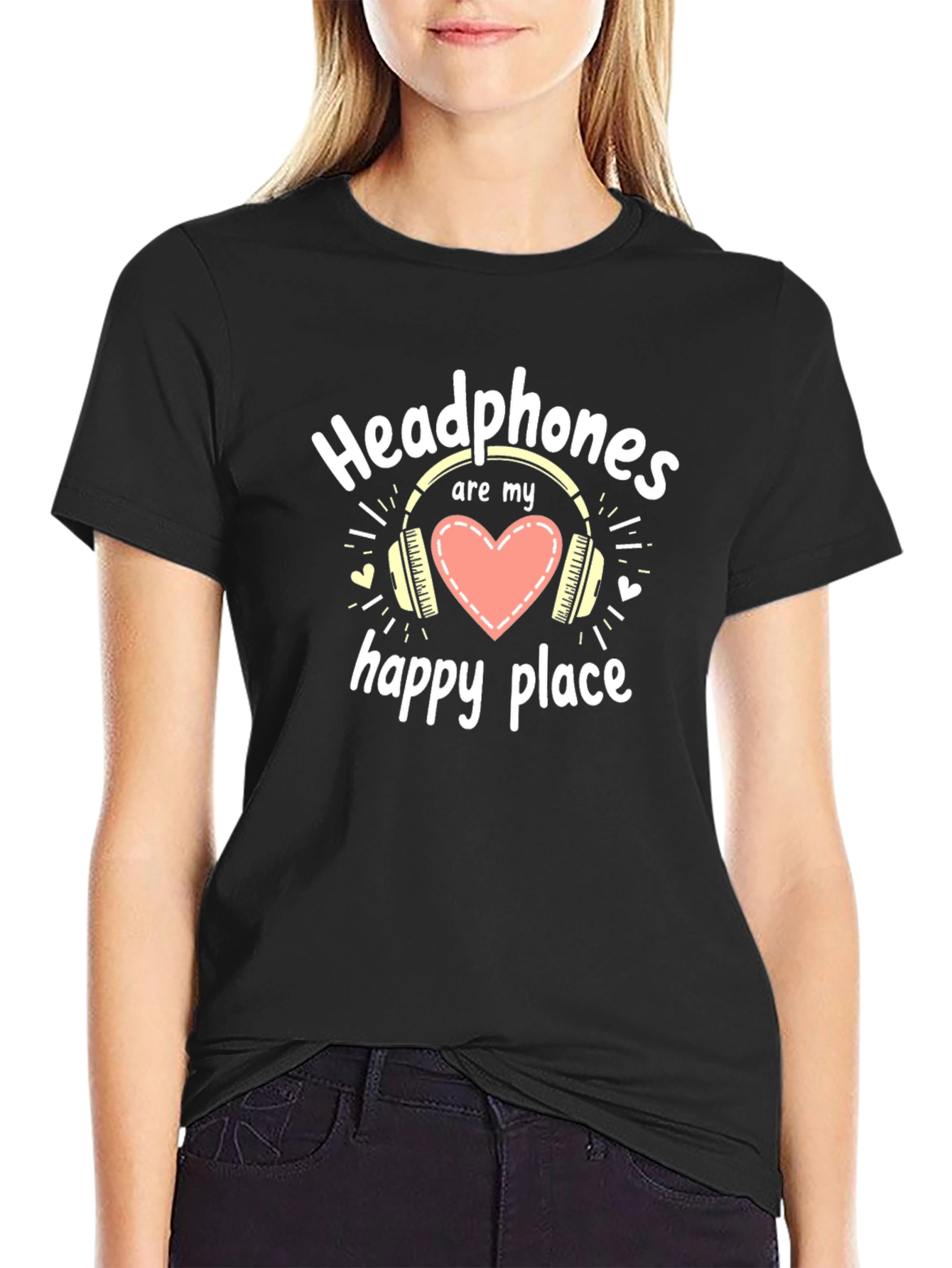 Headphones are My Happy Place Black T-Shirt