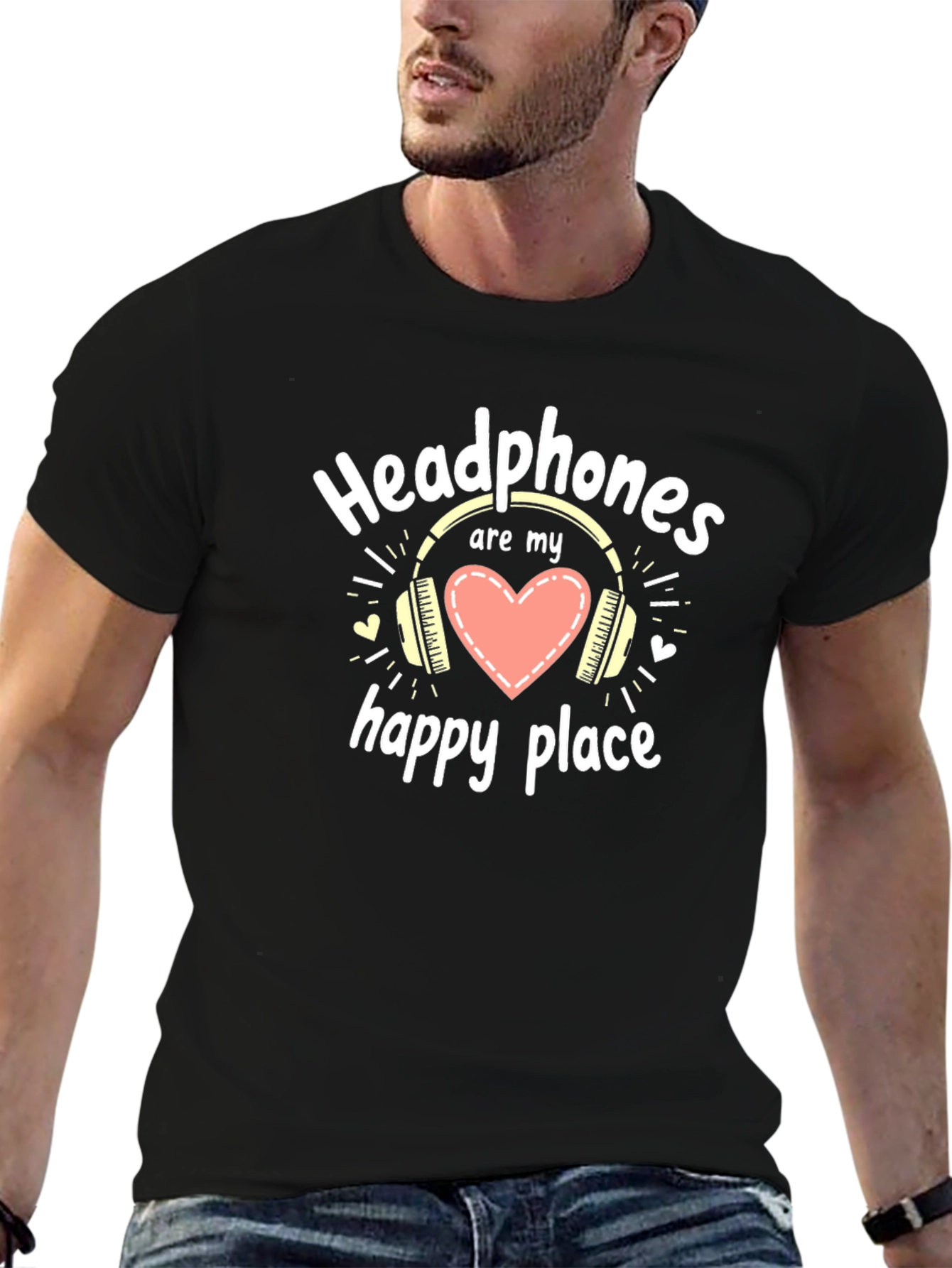 Headphones are My Happy Place Black T-Shirt