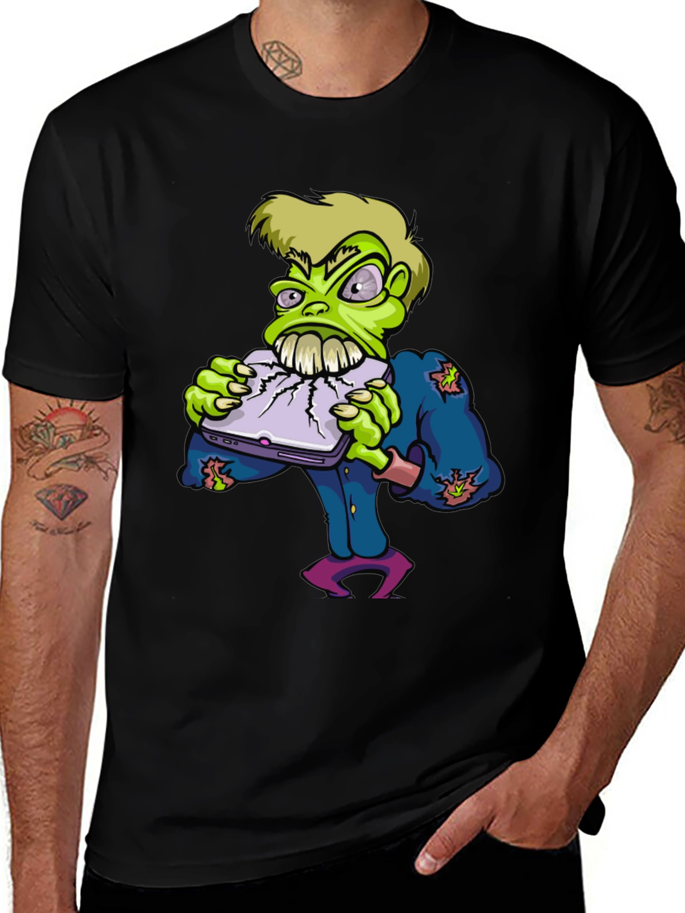 Zombie Laptop Eater Graphic Tee - Black Cotton T-Shirt