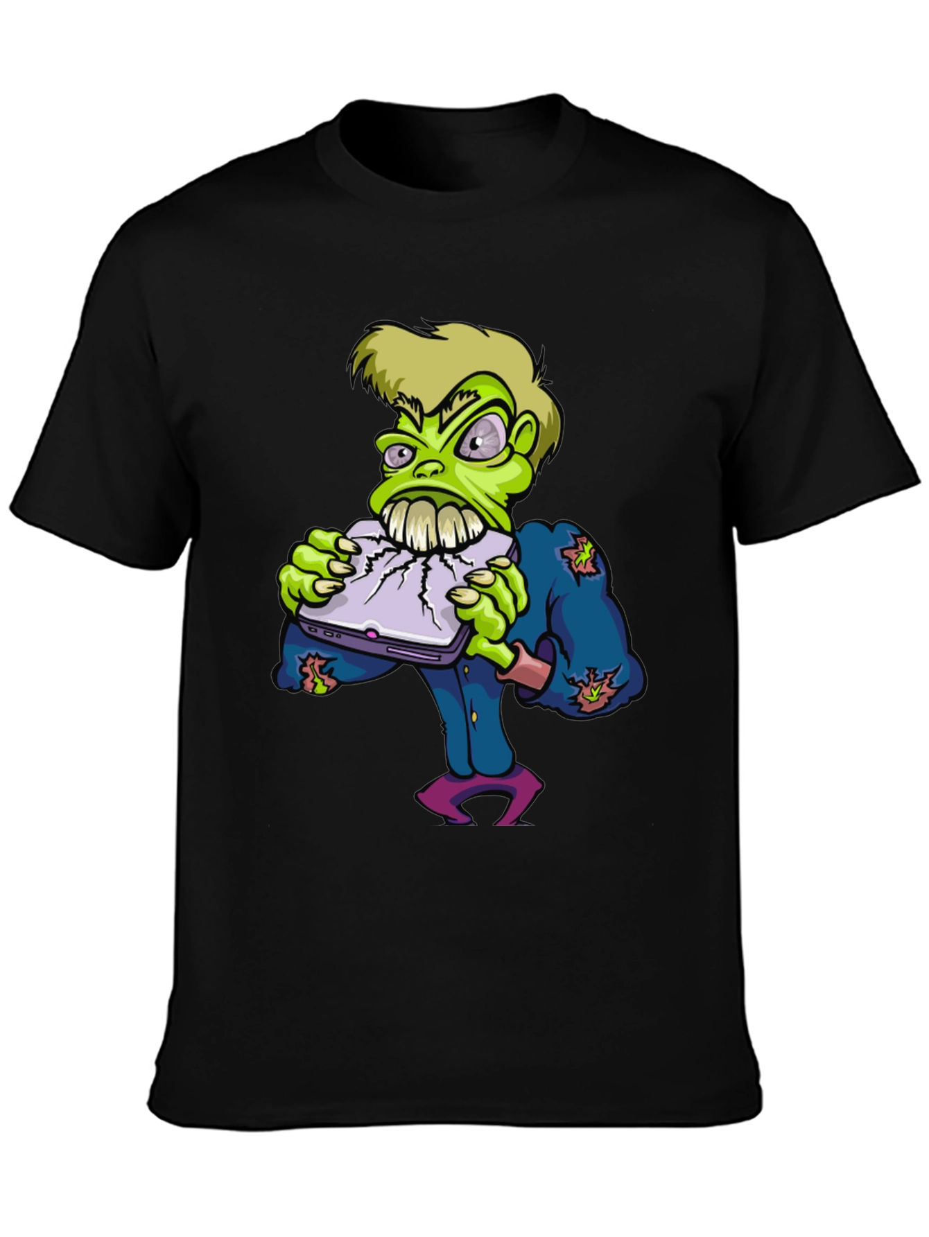 Zombie Laptop Eater Graphic Tee - Black Cotton T-Shirt