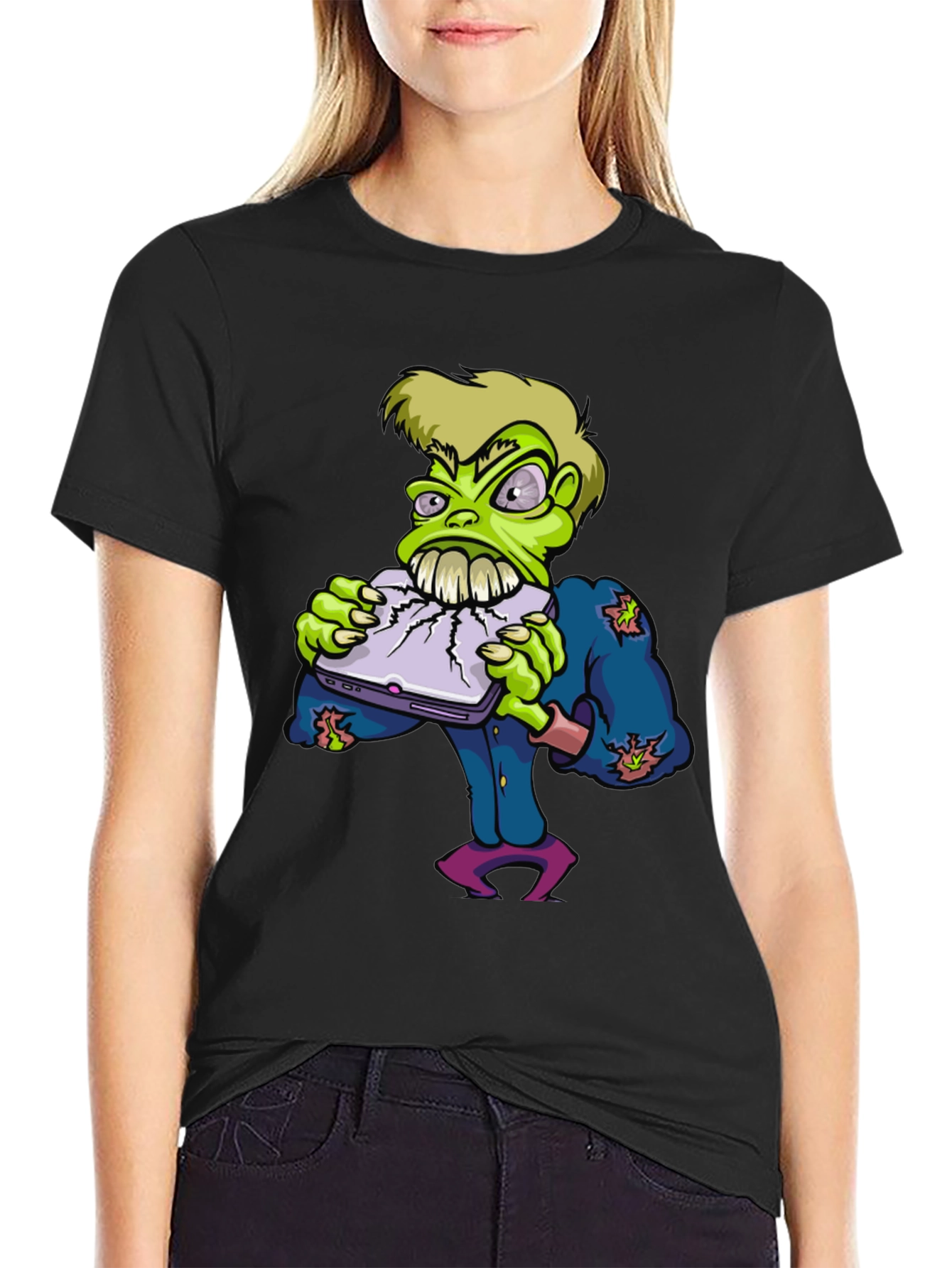 Zombie Laptop Eater Graphic Tee - Black Cotton T-Shirt