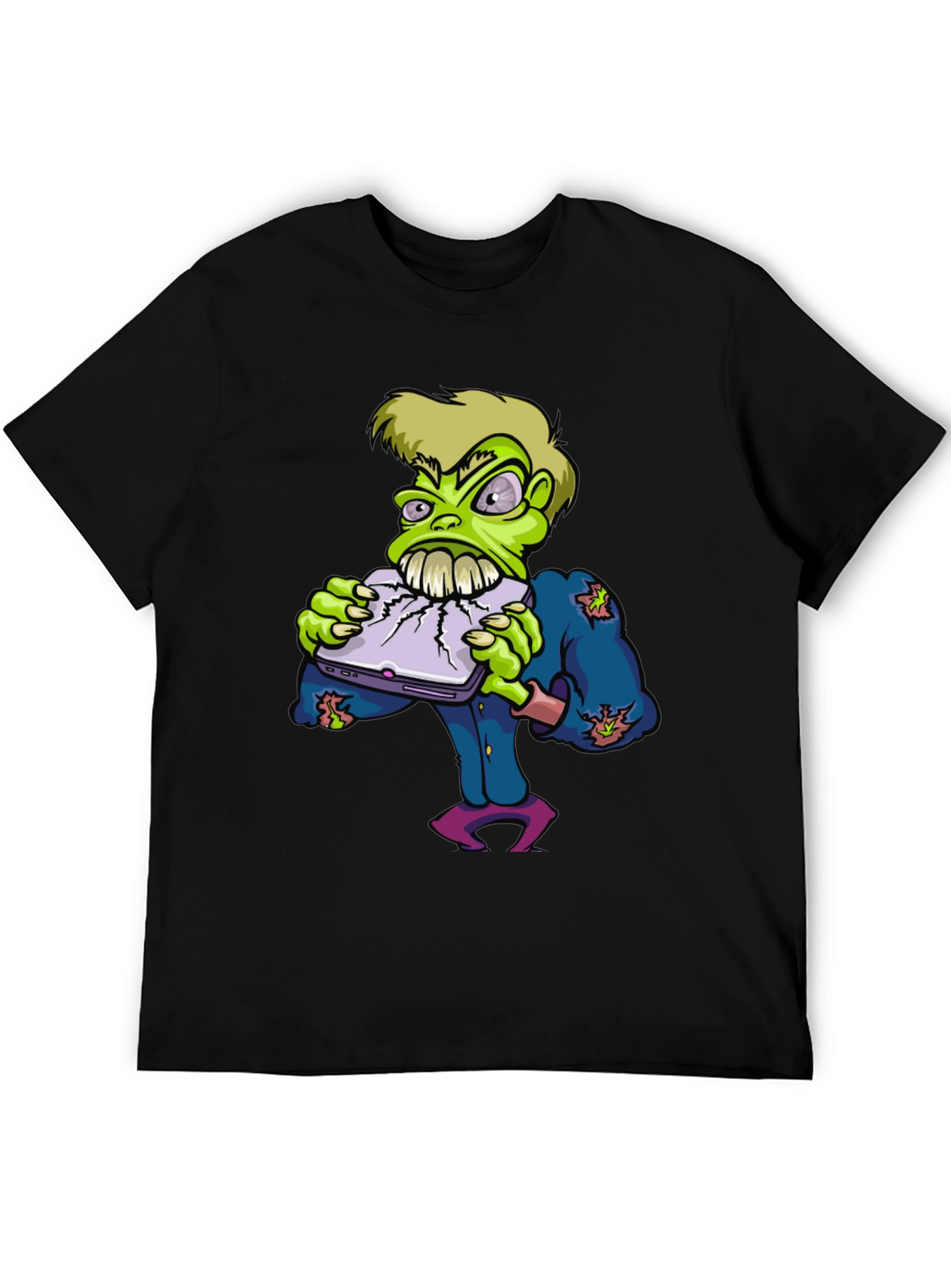Zombie Laptop Eater Graphic Tee - Black Cotton T-Shirt