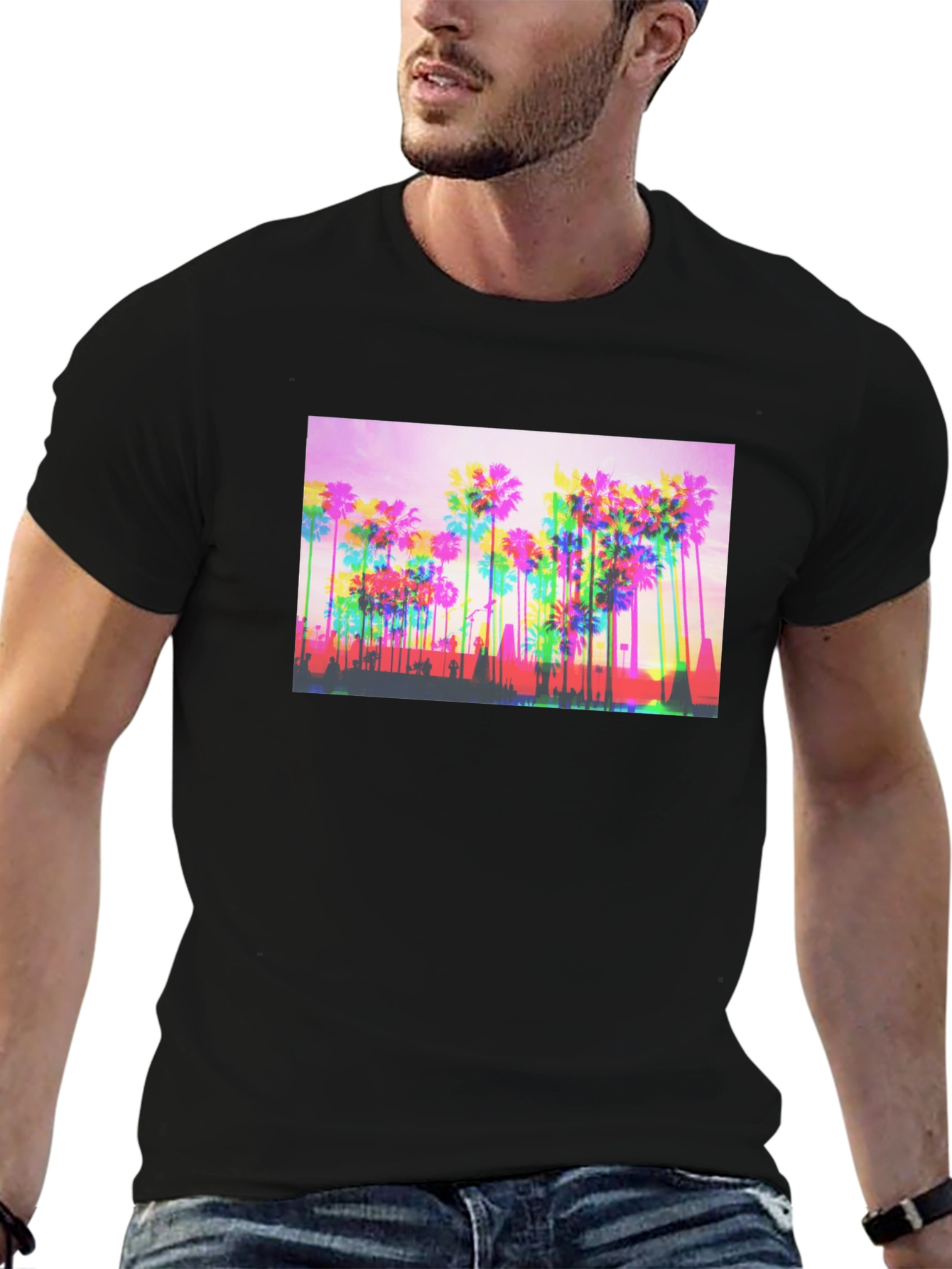 Retro Palm Tree Graphic Tee - Black