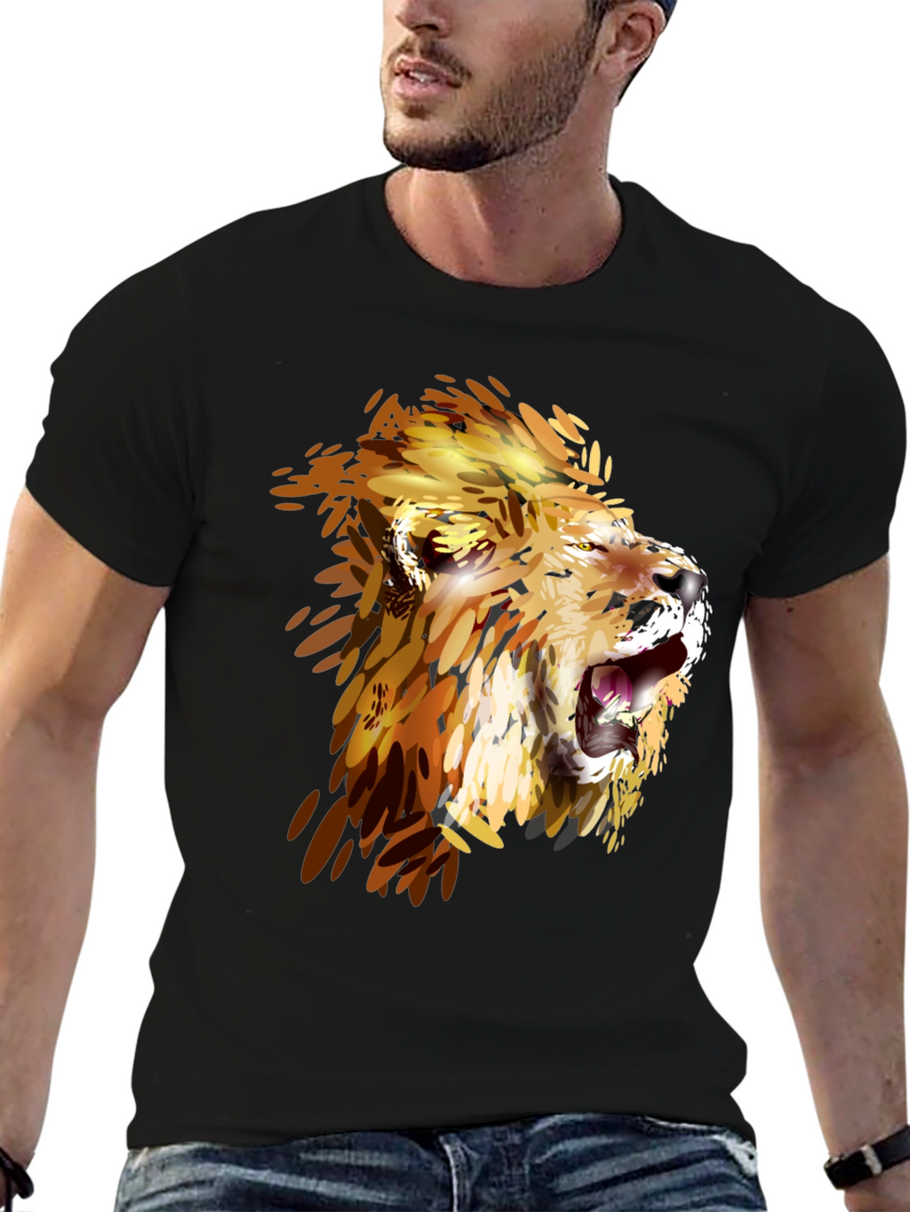 Lion Graphic Print Crew Neck Tee - Black