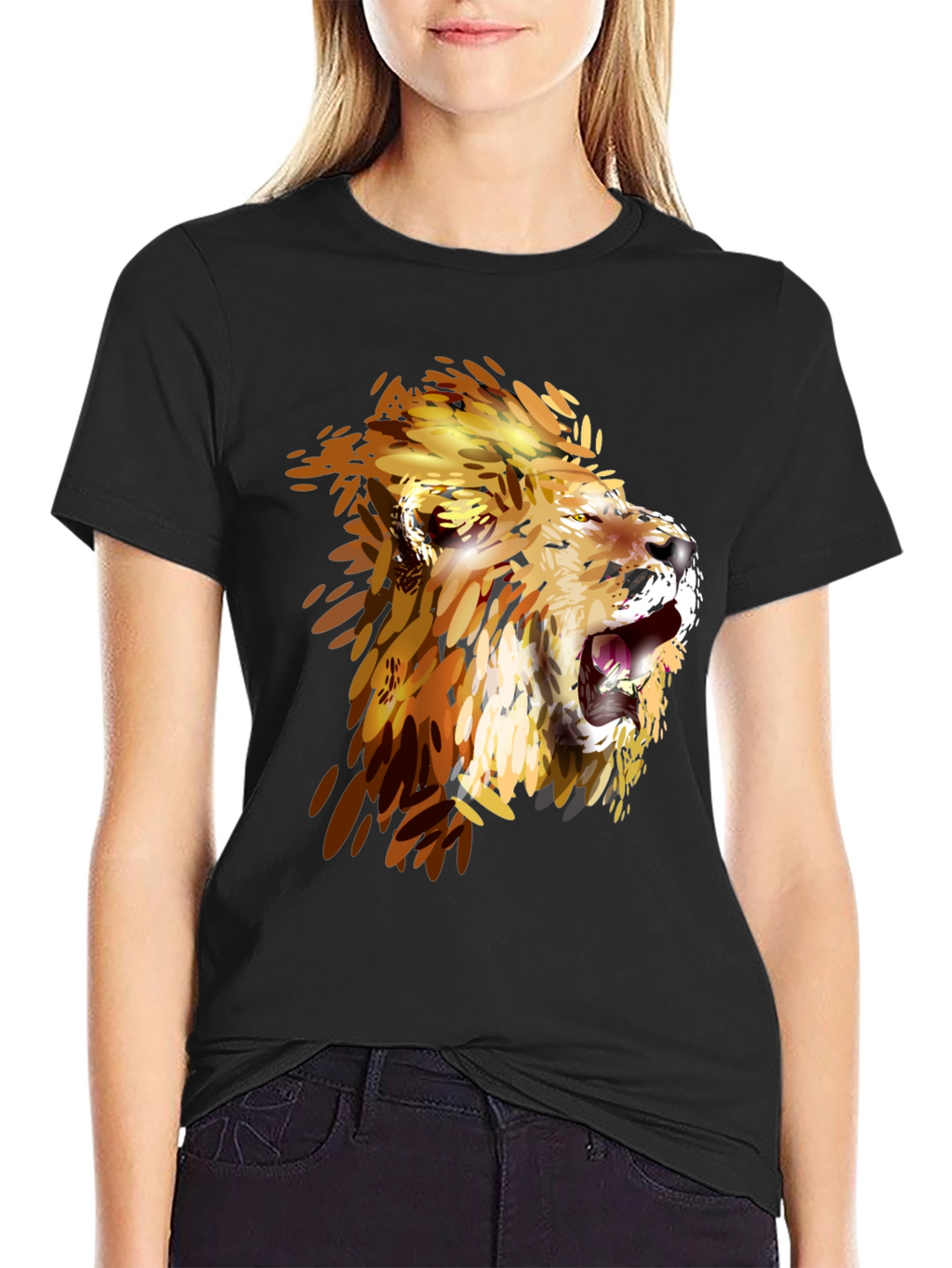 Lion Graphic Print Crew Neck Tee - Black
