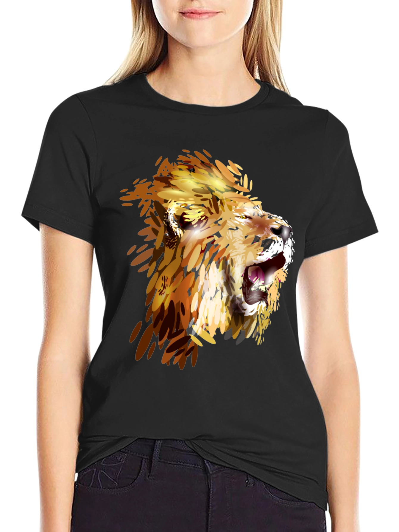 Lion Graphic Print Crew Neck Tee - Black
