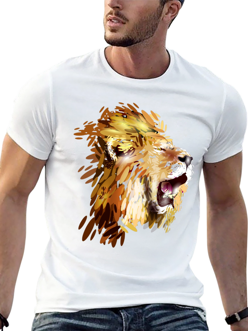 Lion Graphic Print Crew Neck Tee - Black
