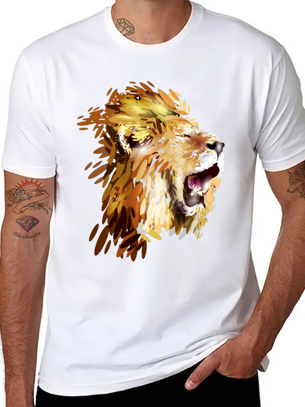 Lion Graphic Print Crew Neck Tee - Black
