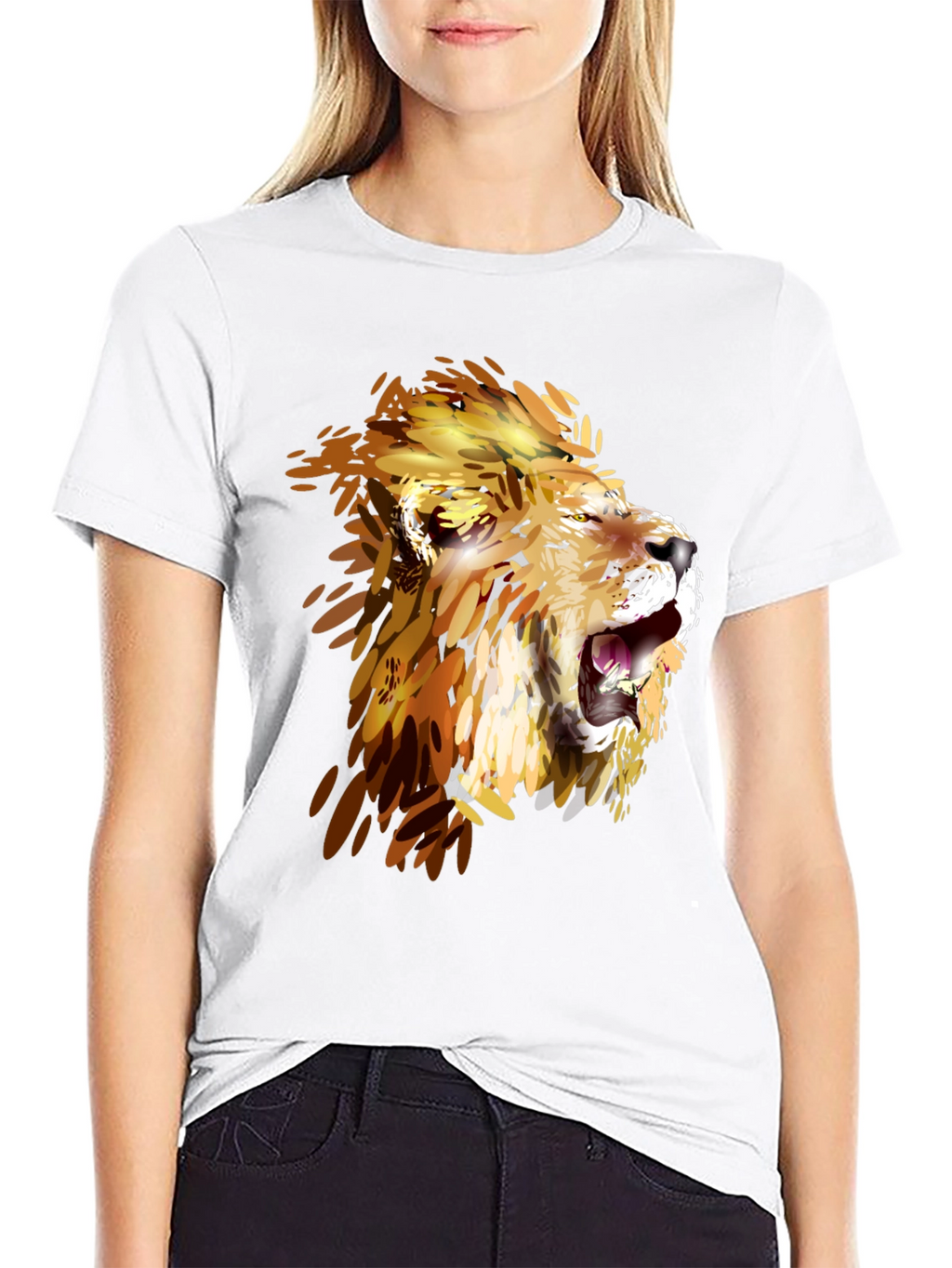 Lion Graphic Print Crew Neck Tee - Black