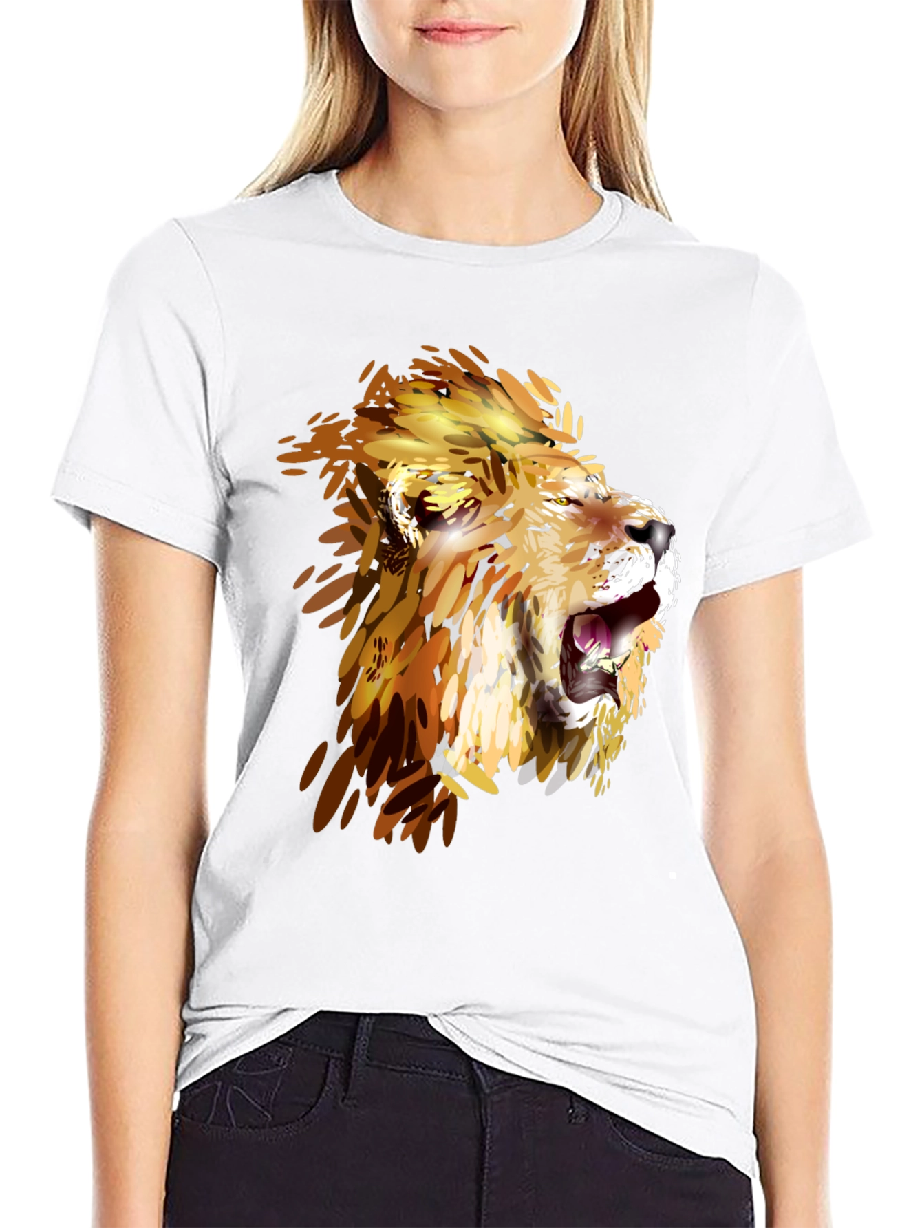 Lion Graphic Print Crew Neck Tee - Black