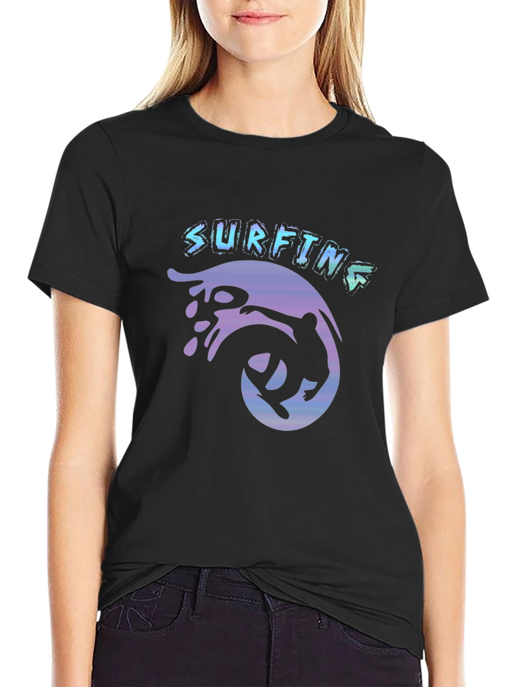 Surfing Graphic Tee - Black Cotton T-Shirt