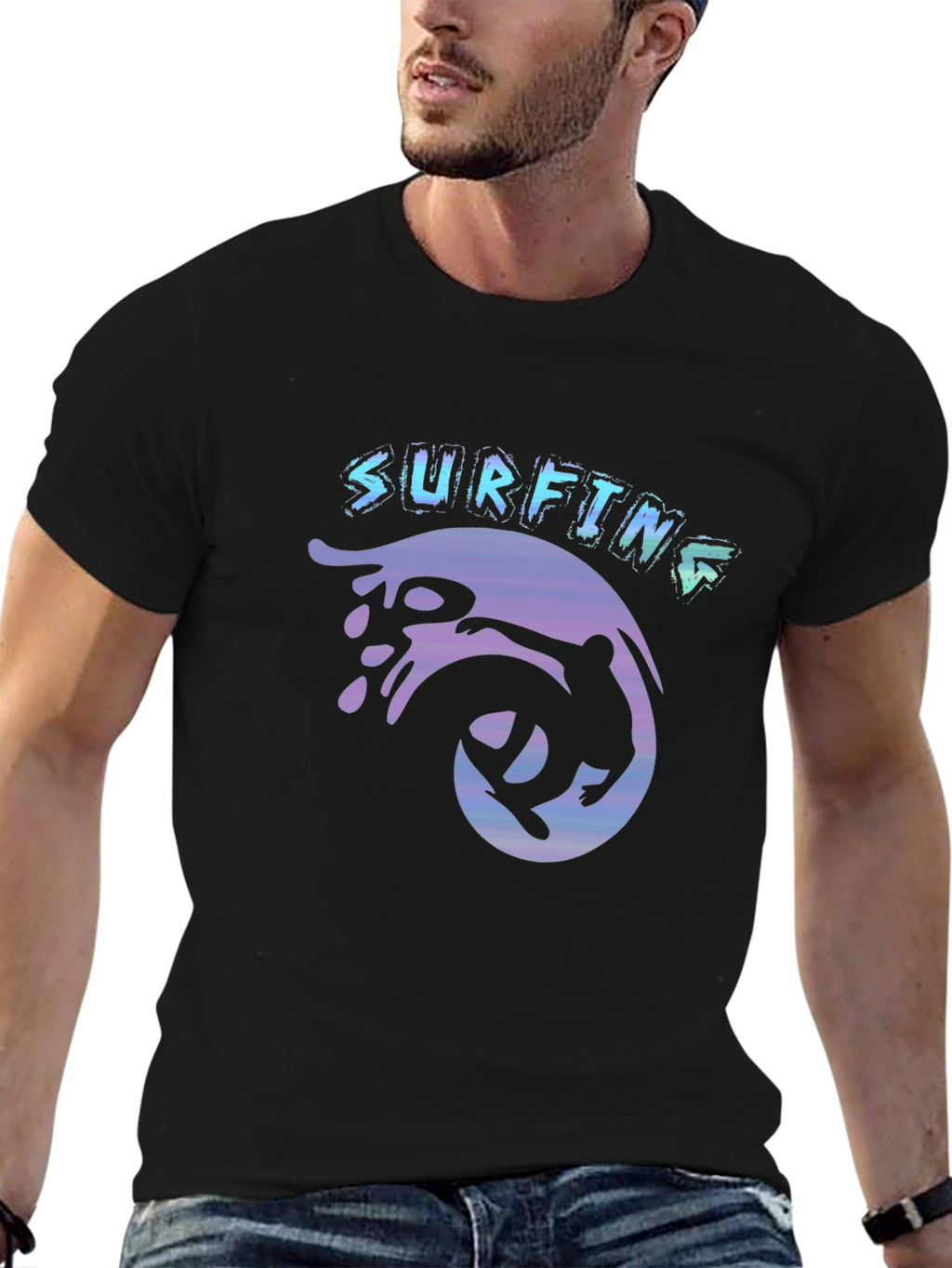 Surfing Graphic Tee - Black Cotton T-Shirt