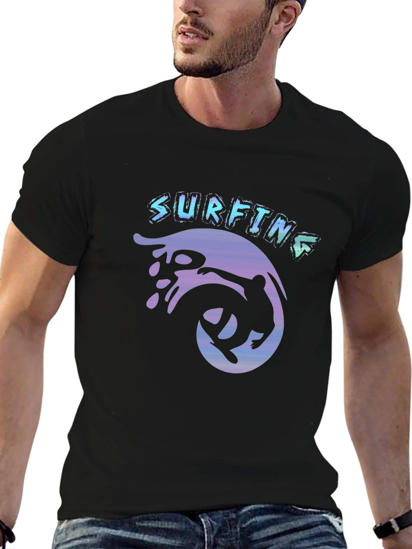 Surfing Graphic Tee - Black Cotton T-Shirt
