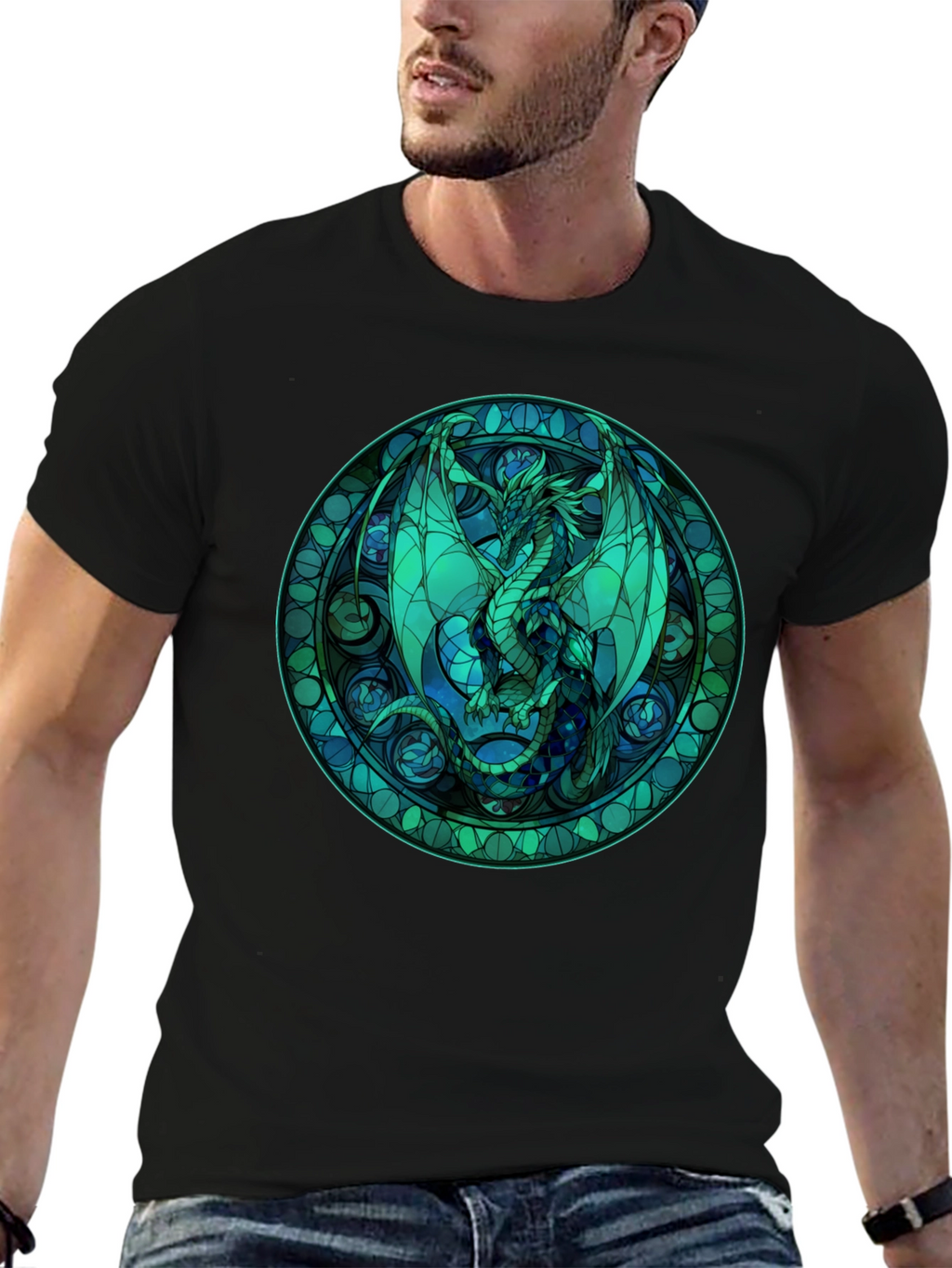 Stained Glass Dragon Graphic Tee - Black