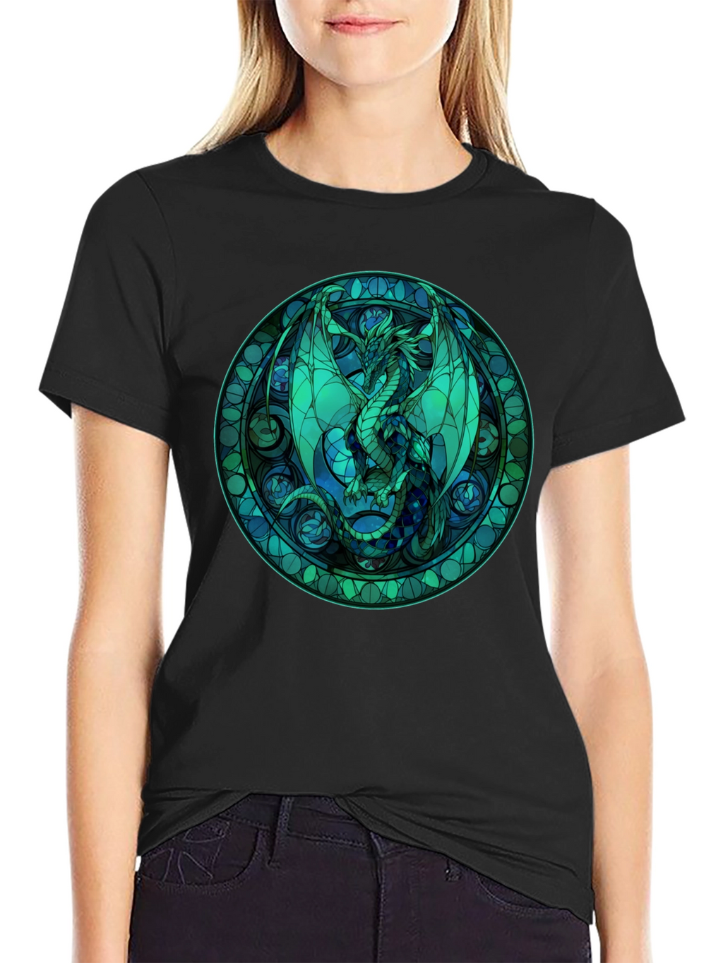 Stained Glass Dragon Graphic Tee - Black