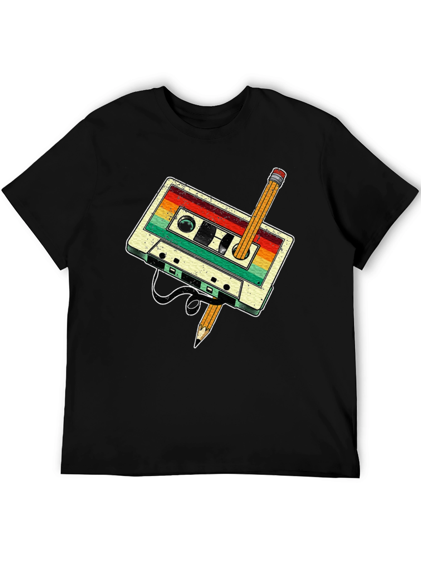 Retro Cassette Tape & Pencil Graphic Tee - Vintage Style