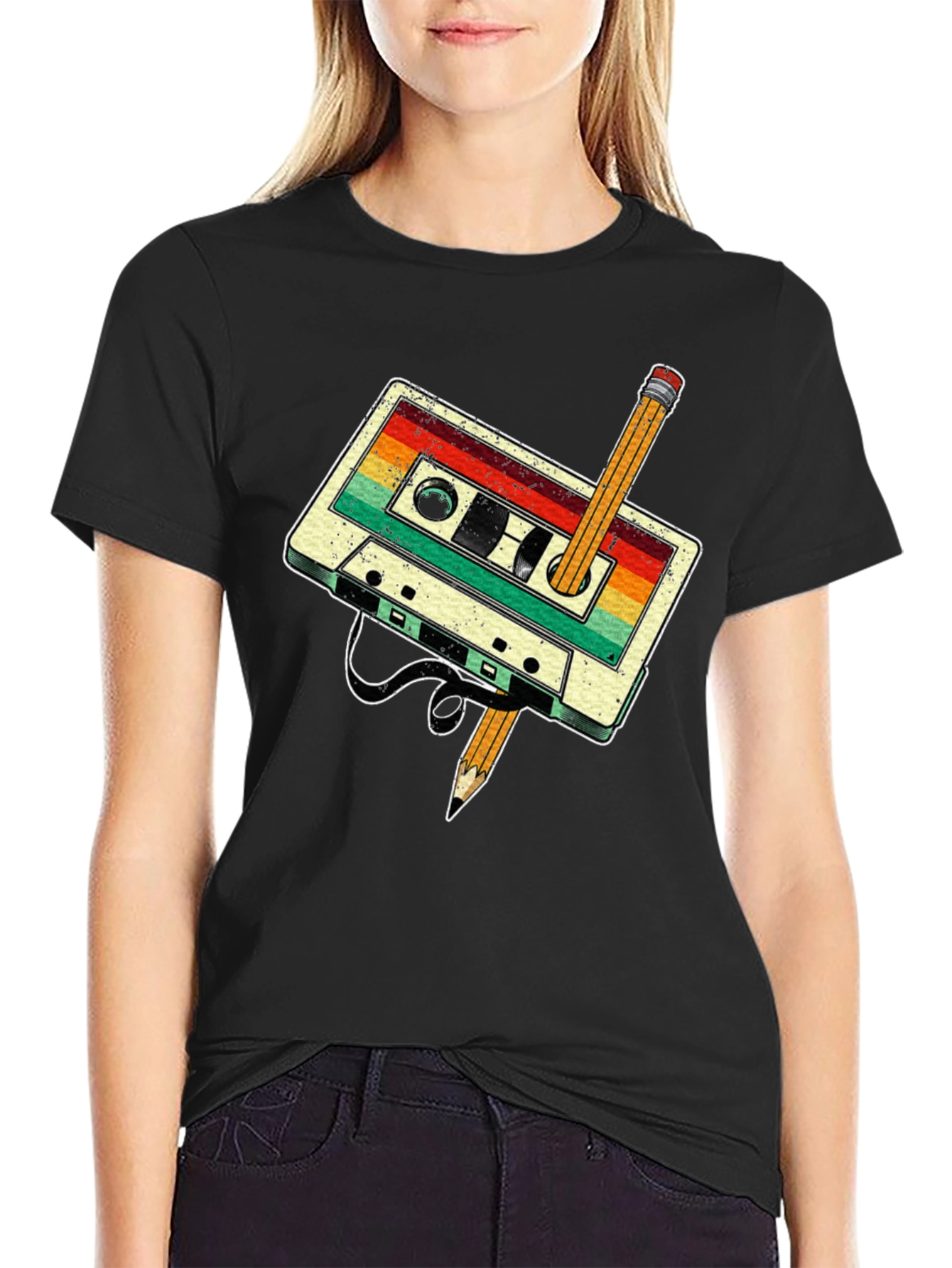 Retro Cassette Tape & Pencil Graphic Tee - Vintage Style