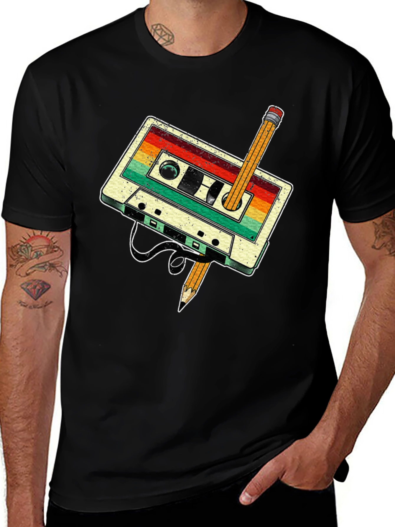 Retro Cassette Tape & Pencil Graphic Tee - Vintage Style