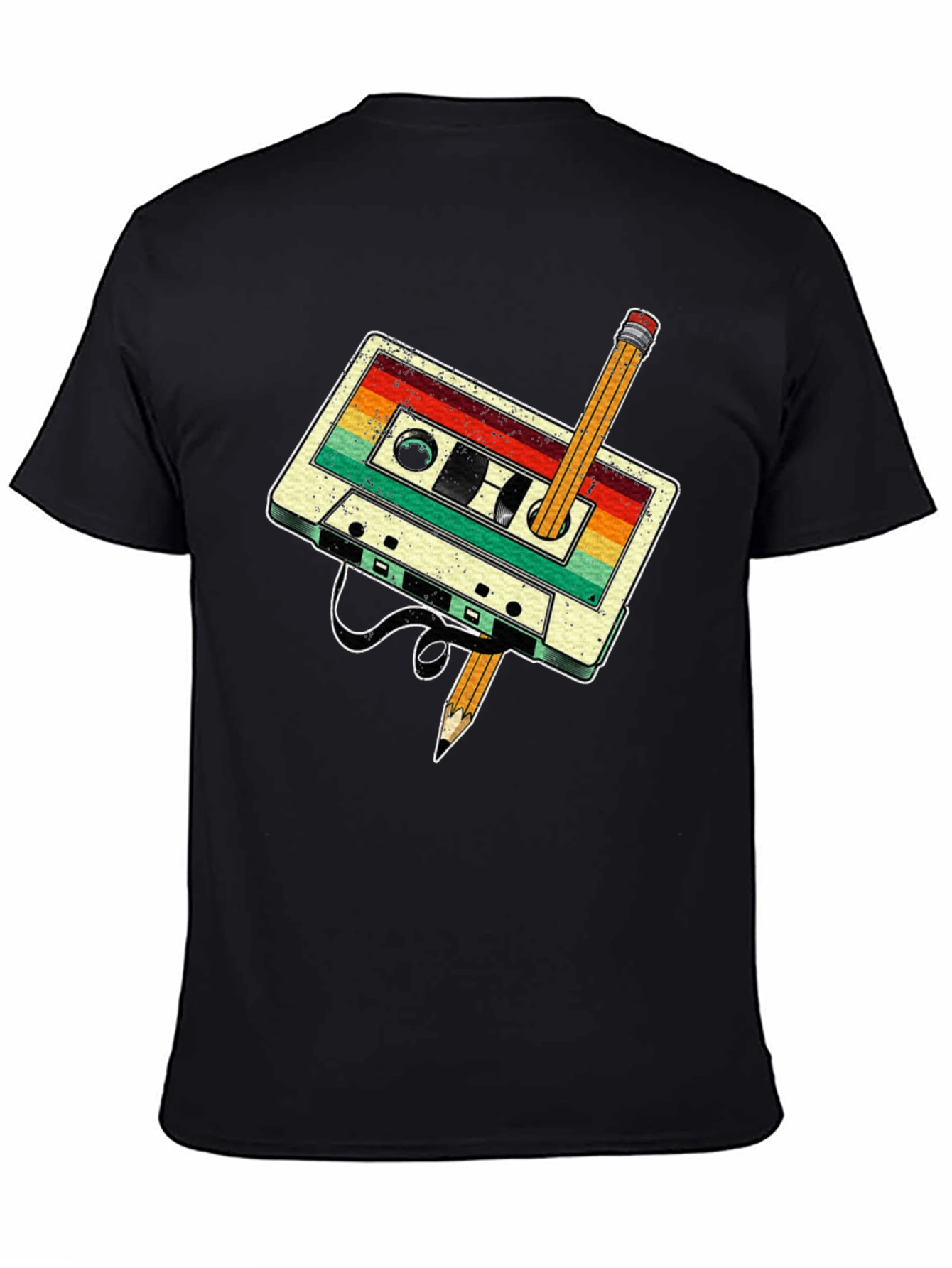 Retro Cassette Tape & Pencil Graphic Tee - Vintage Style