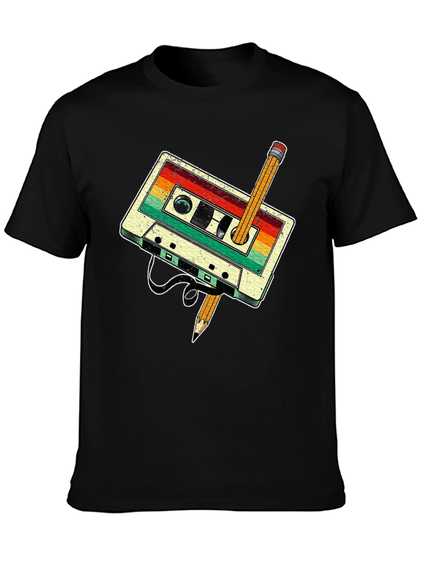 Retro Cassette Tape & Pencil Graphic Tee - Vintage Style