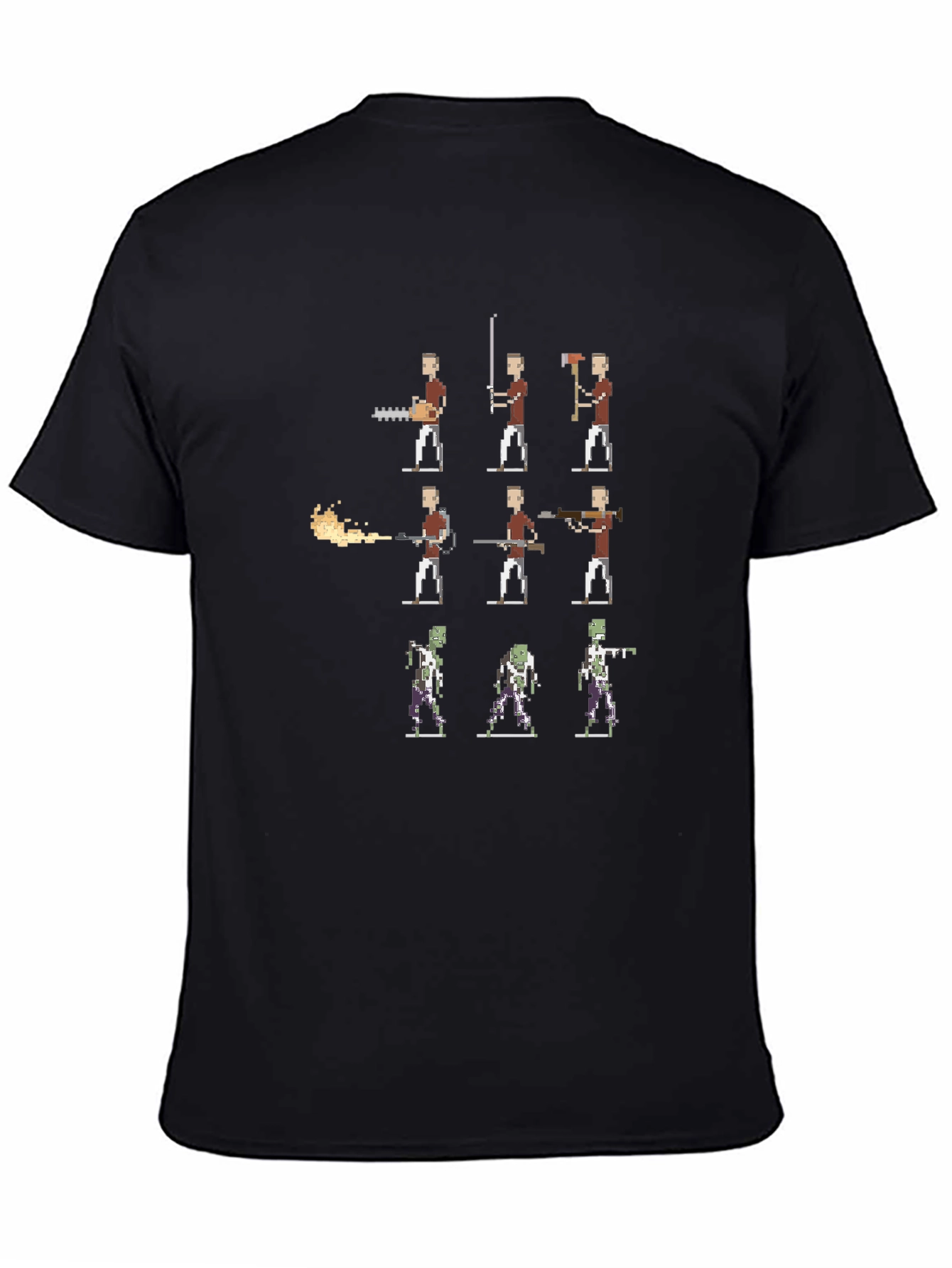 Pixel Art Horror T-Shirt - Chainsaw Axe and Zombie Design