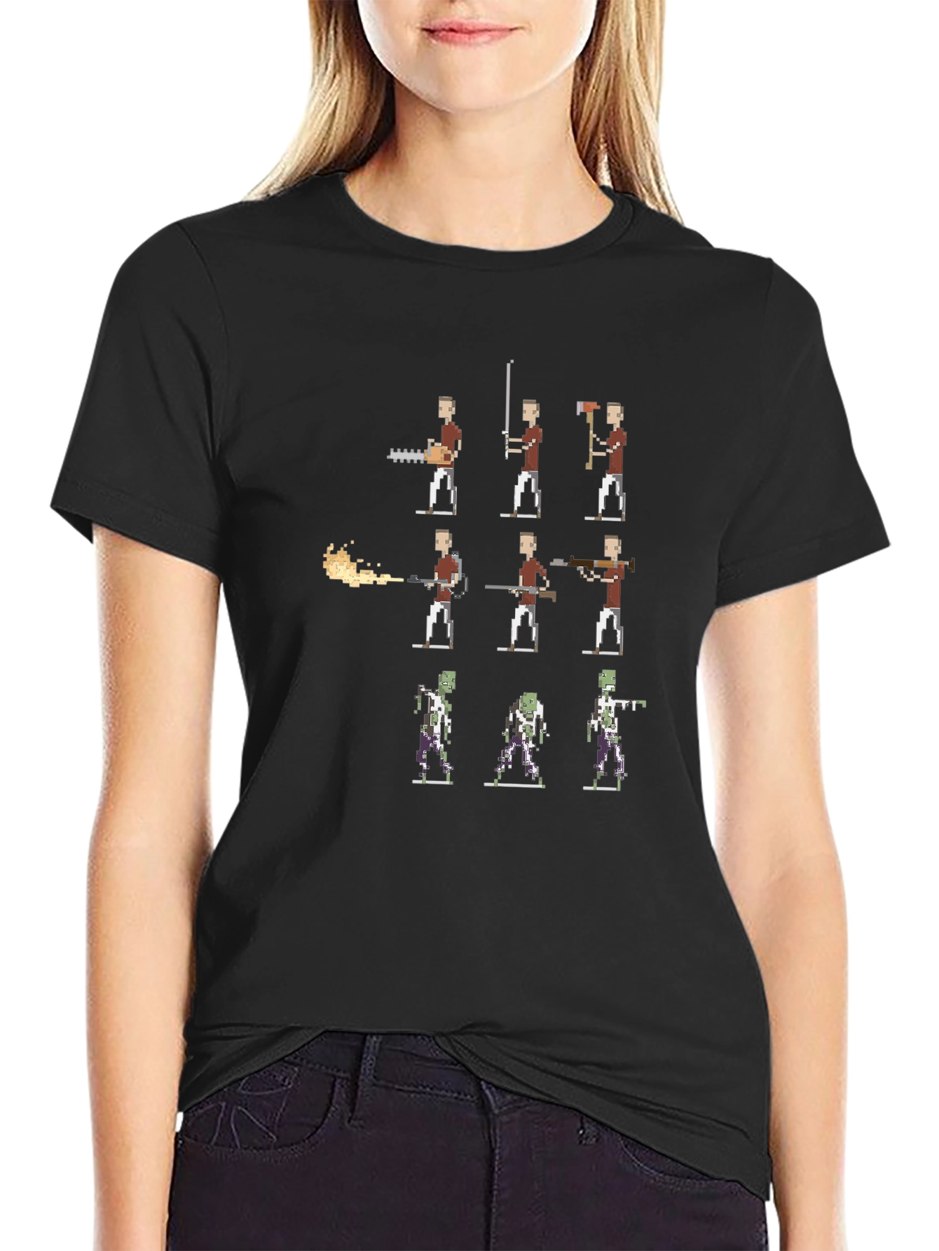 Pixel Art Horror T-Shirt - Chainsaw Axe and Zombie Design