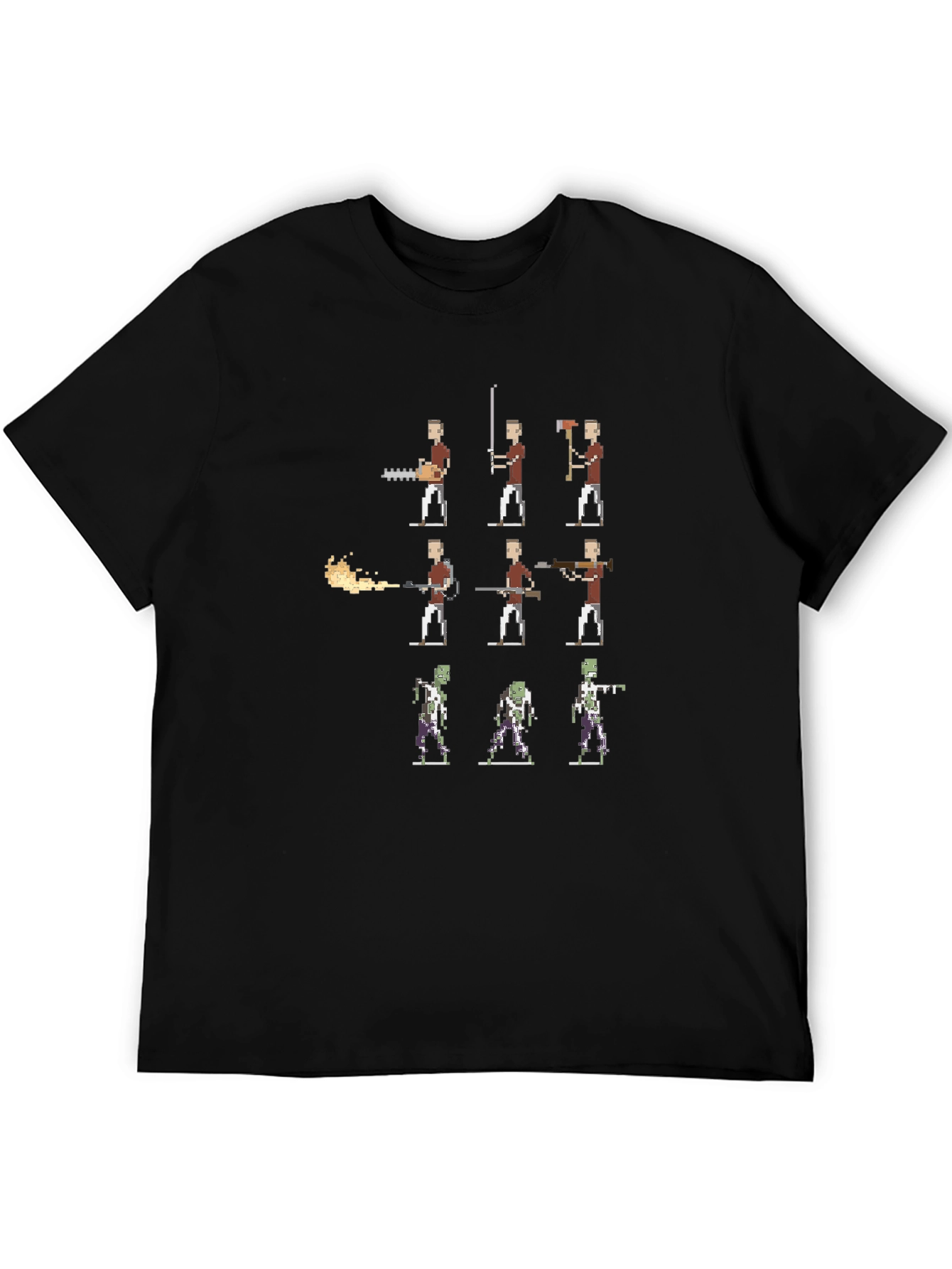 Pixel Art Horror T-Shirt - Chainsaw Axe and Zombie Design