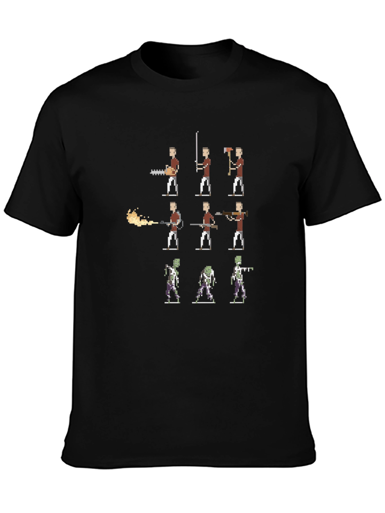 Pixel Art Horror T-Shirt - Chainsaw Axe and Zombie Design