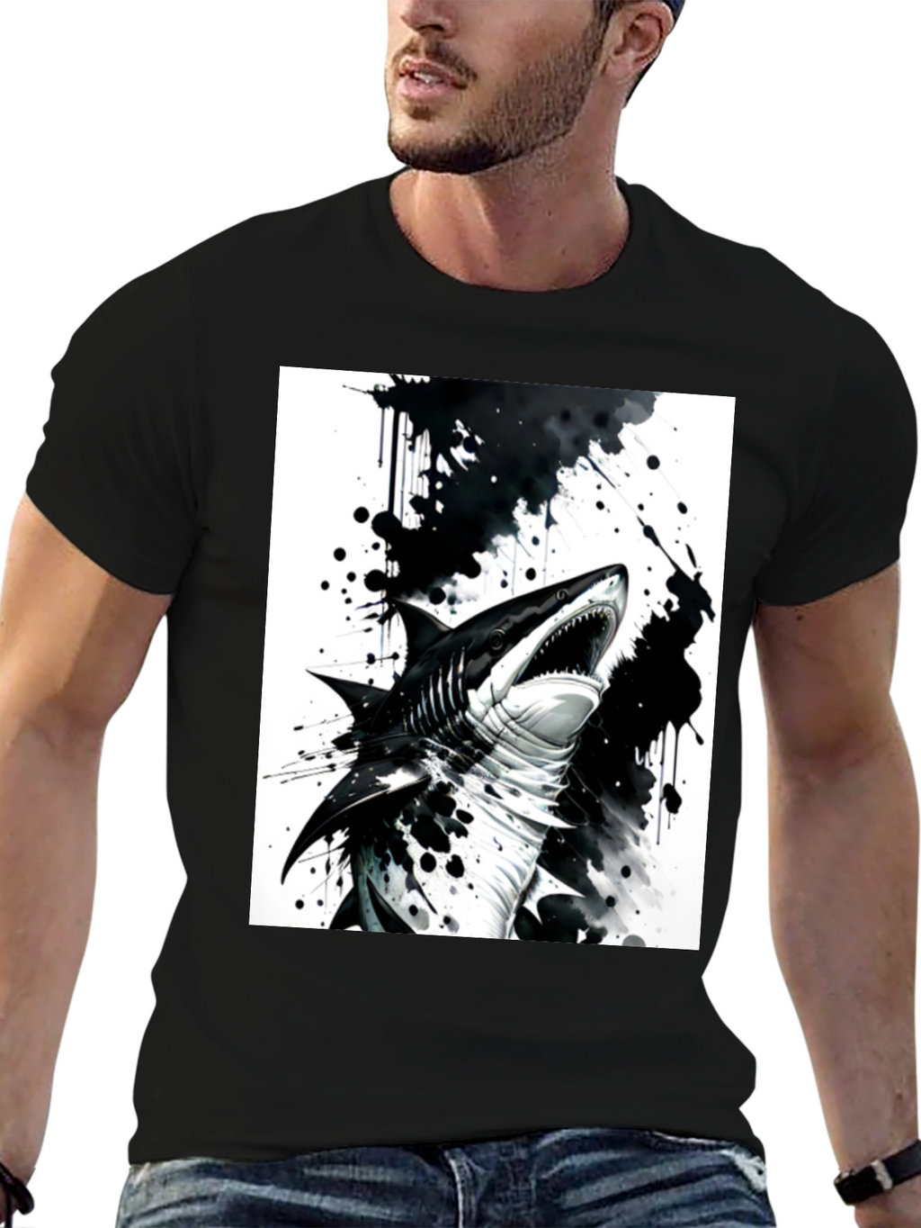 Shark Graphic Print Black T-Shirt