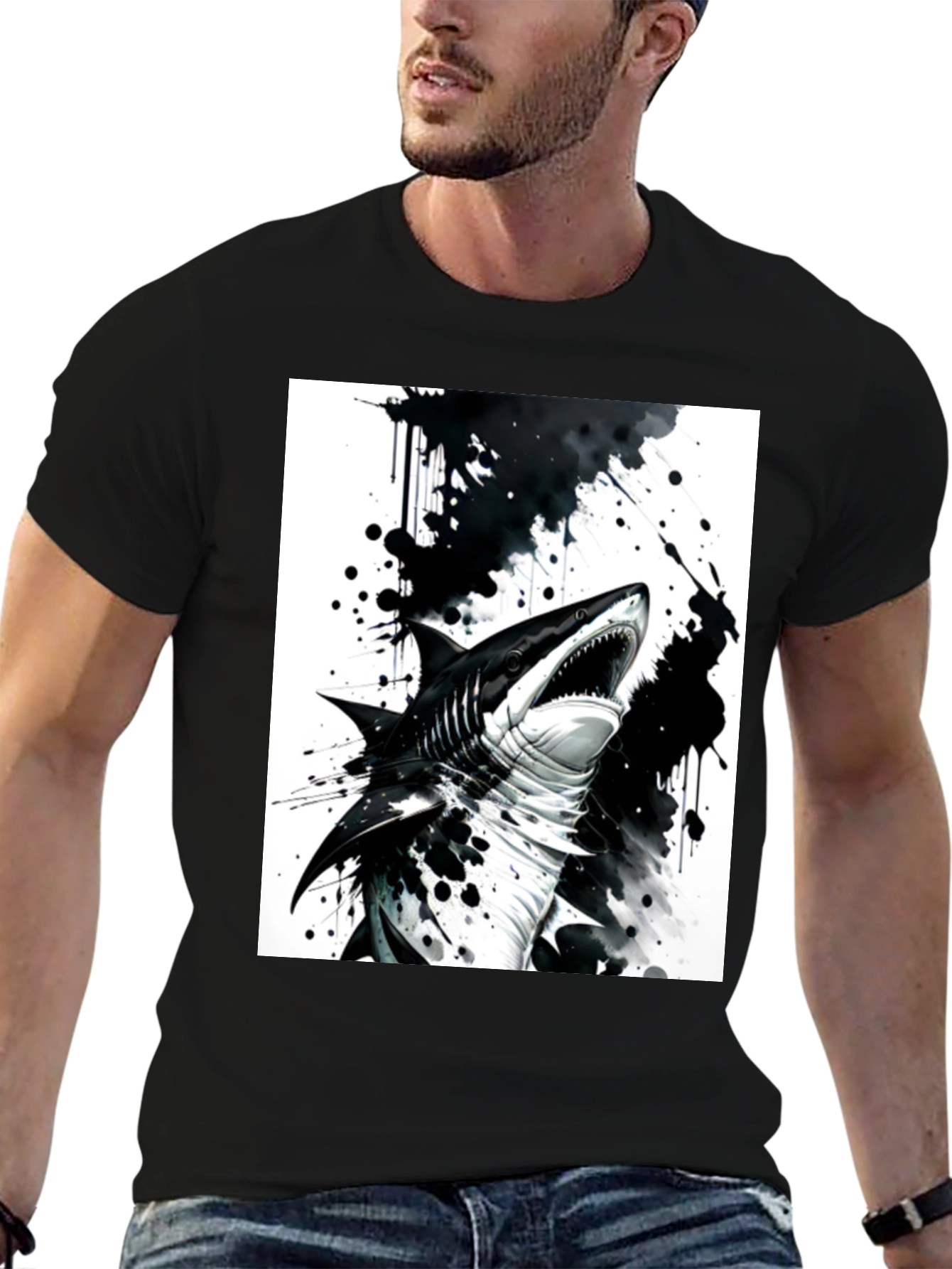 Shark Graphic Print Black T-Shirt