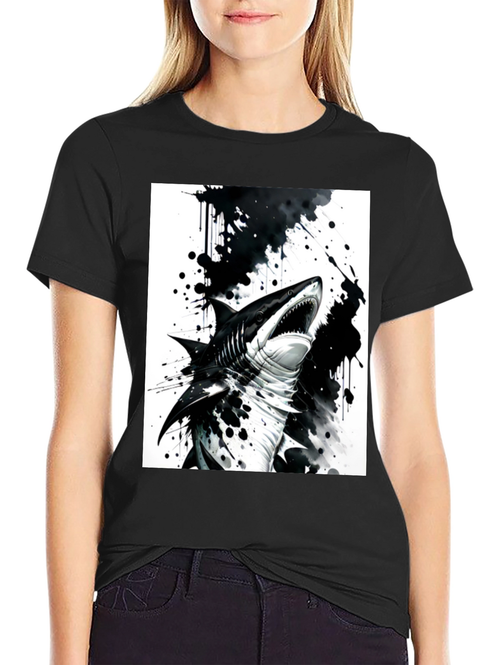 Shark Graphic Print Black T-Shirt