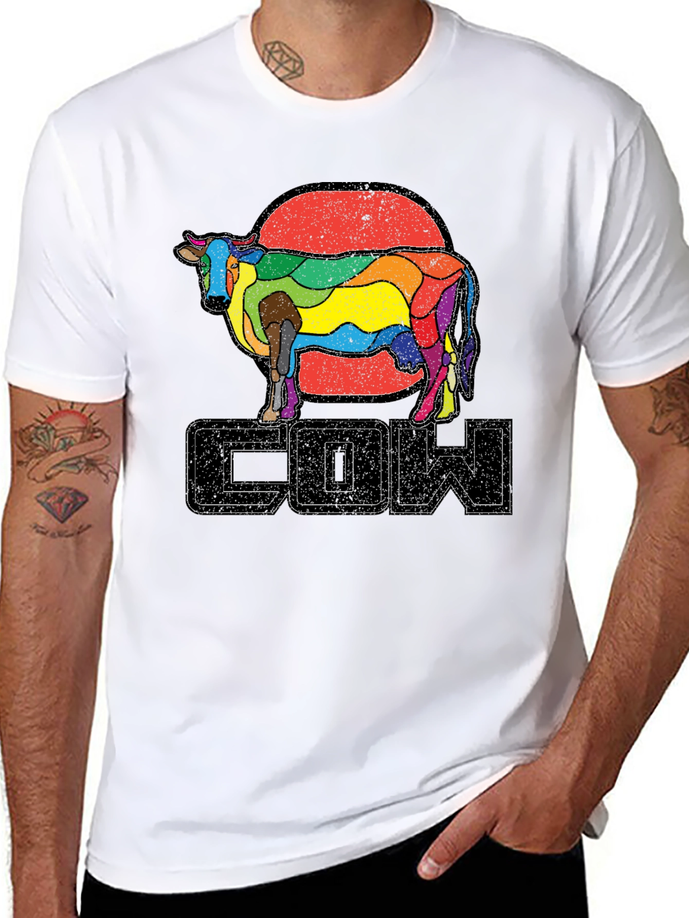 Retro Rainbow Cow Graphic T-Shirt