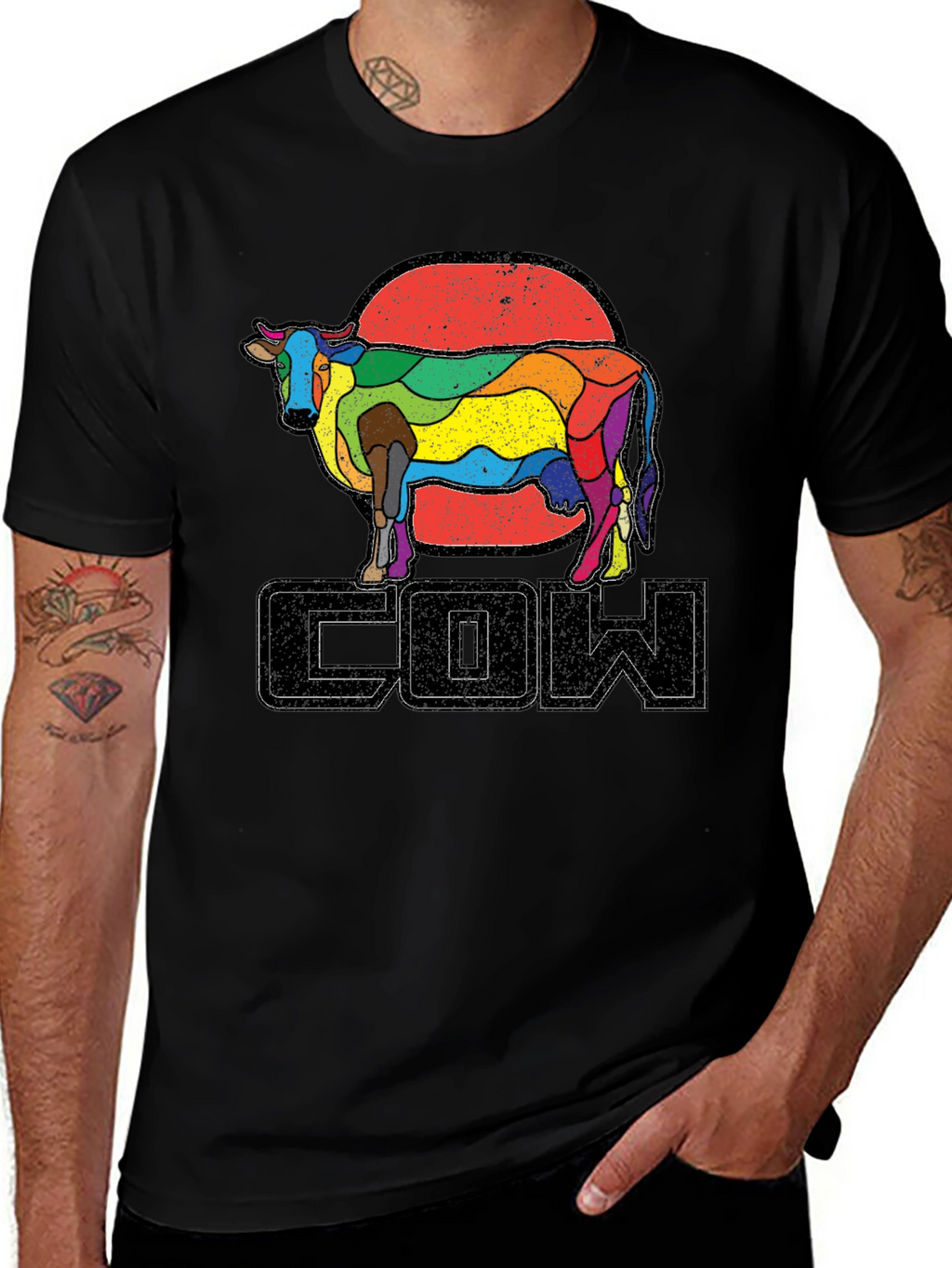 Retro Rainbow Cow Graphic T-Shirt