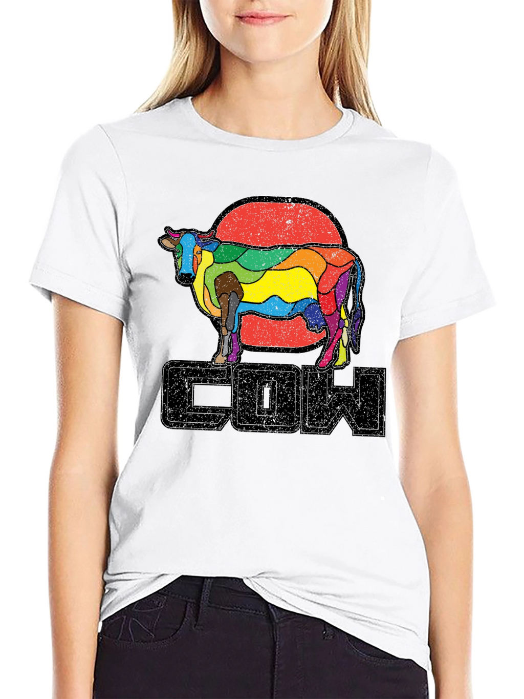 Retro Rainbow Cow Graphic T-Shirt