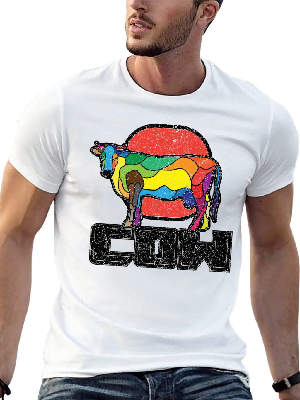 Retro Rainbow Cow Graphic T-Shirt