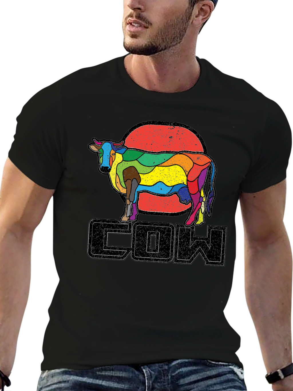 Retro Rainbow Cow Graphic T-Shirt