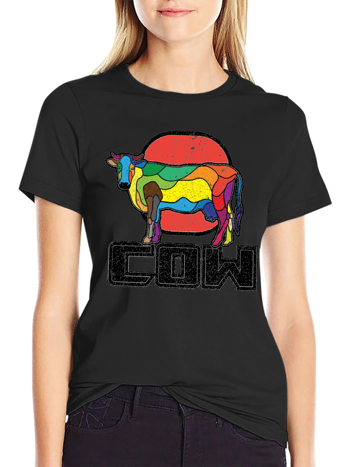 Retro Rainbow Cow Graphic T-Shirt