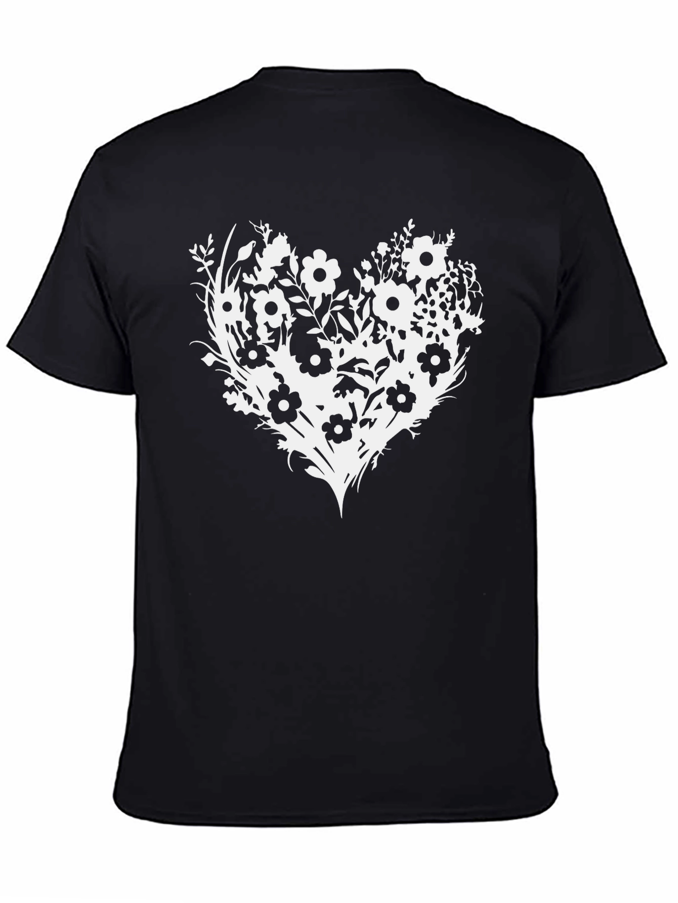 Floral Heart Graphic Tee - Black Cotton Blend T-Shirt