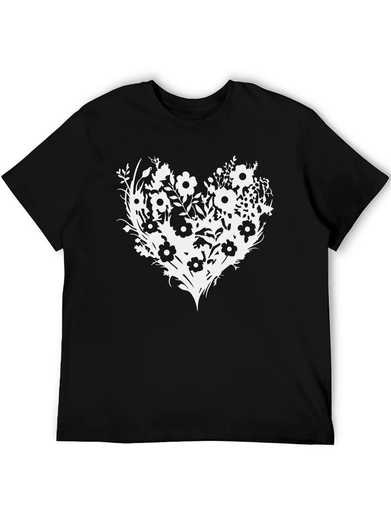 Floral Heart Graphic Tee - Black Cotton Blend T-Shirt