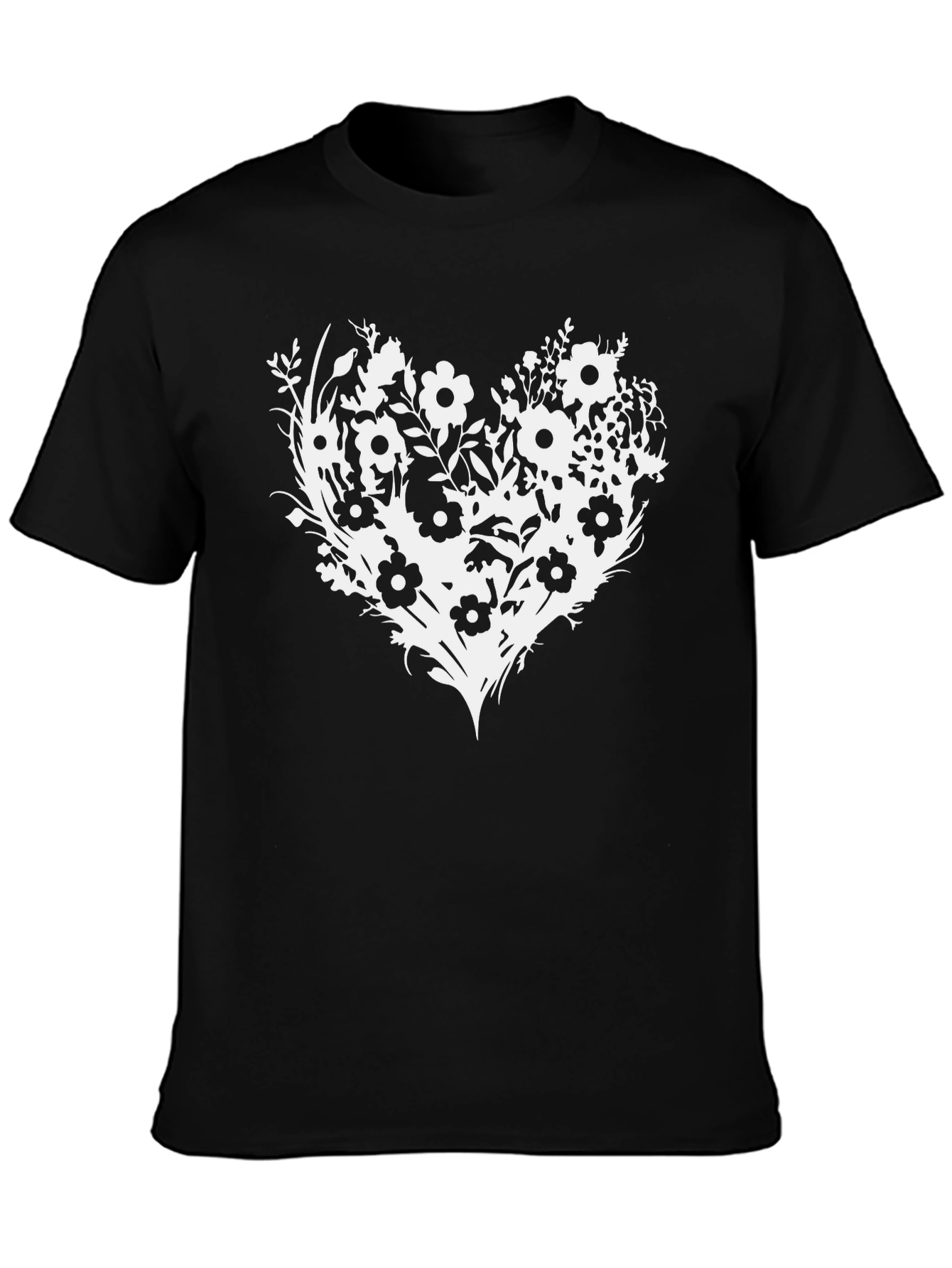 Floral Heart Graphic Tee - Black Cotton Blend T-Shirt
