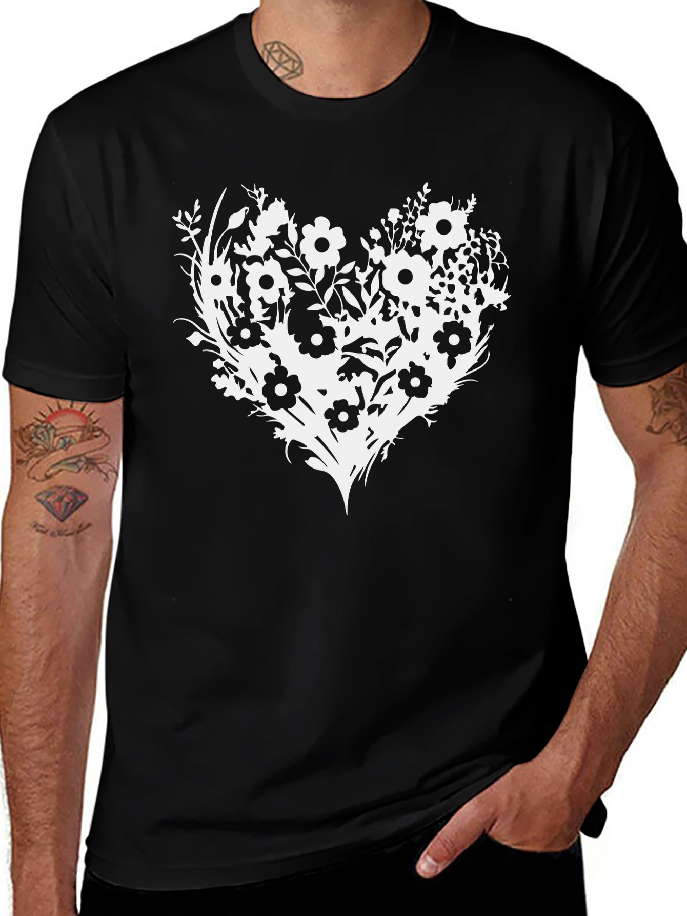 Floral Heart Graphic Tee - Black Cotton Blend T-Shirt