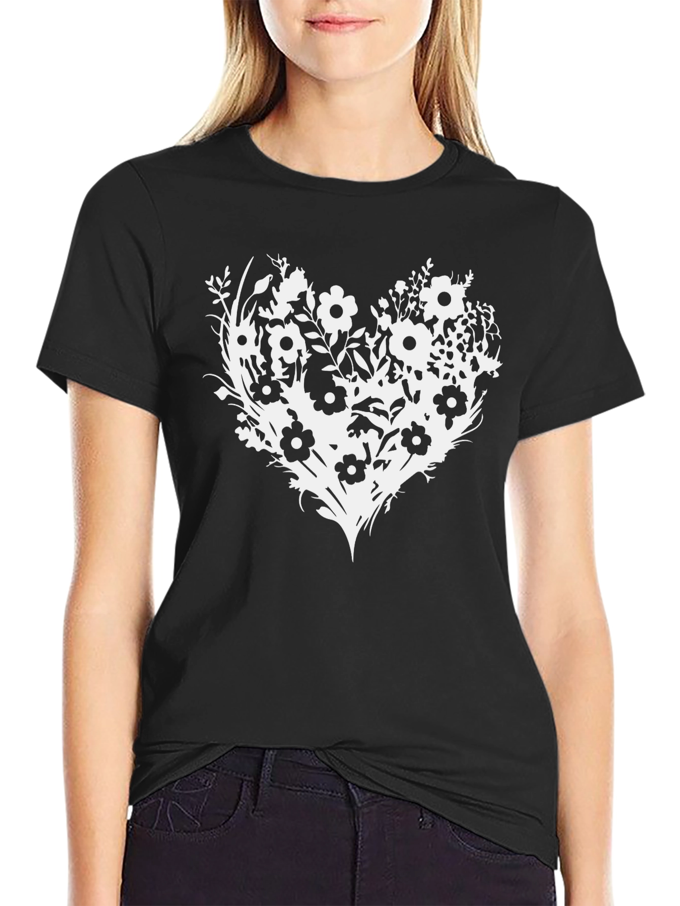 Floral Heart Graphic Tee - Black Cotton Blend T-Shirt