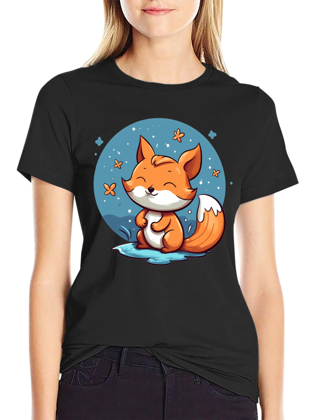 Cute Fox Graphic Tee - Black